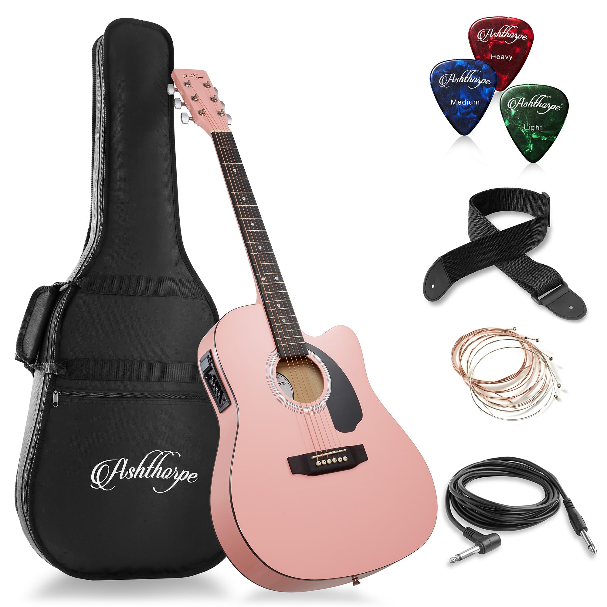Ashthorpe Full-Size Cutaway Thinline Acoustic-Electric Guitar Package - Premium Tonewoods - Pink