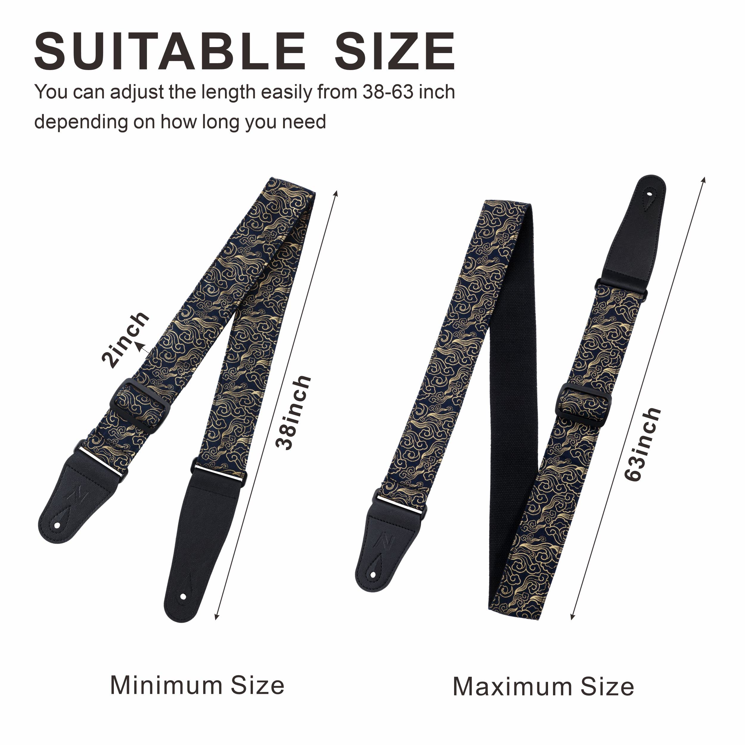 Nefelibata Guitar Strap Japan Printed Cotton Original Design Adjustable Guitar Strap with Long Leather Ends,Include Strap Button