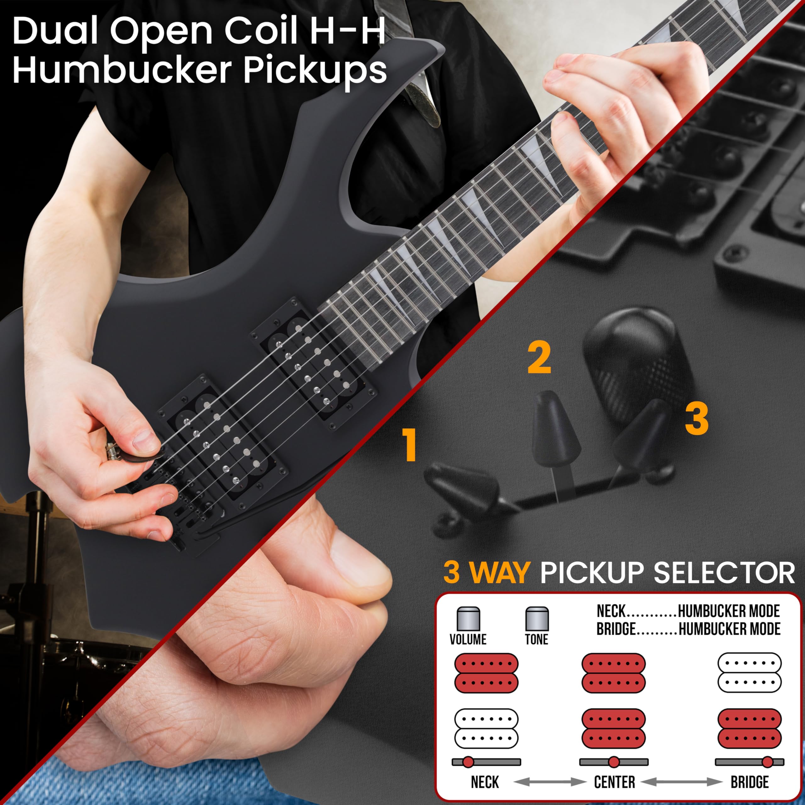 Pyle Heavy Metal EG Fire Electric Guitar Axe w/ Amplifier Kit, Full Size Instrument w/ Practice Amp & Accessories, Black Matte