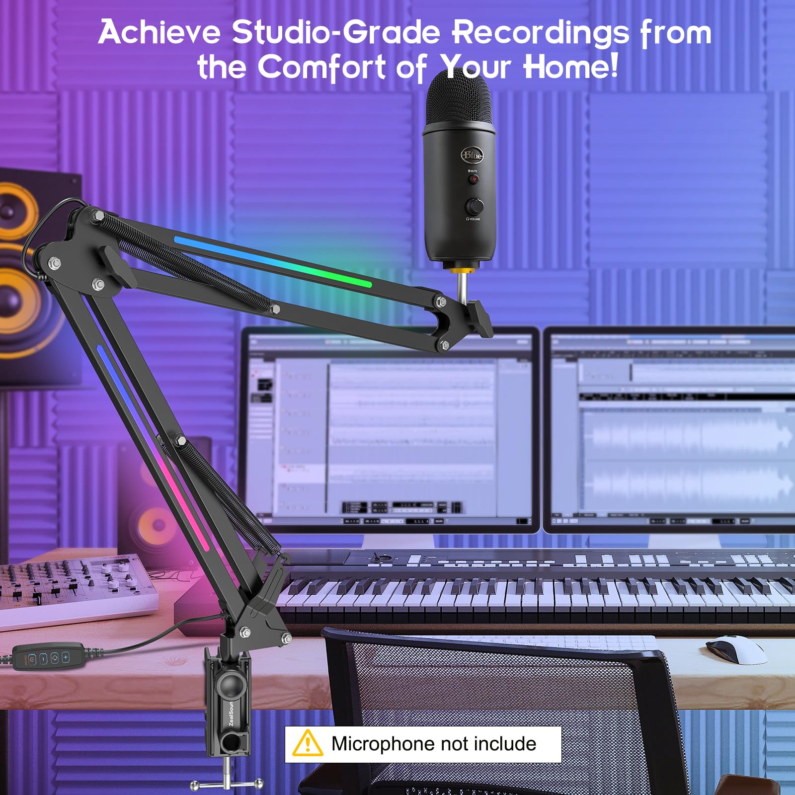 ZealSound RGB Microphone Arm Stand,Mic Arm with RGB Light for QuadCast/Blue Yeti/Snowball/Shure SM7B/Rode NT1/Elgato,Rotatable S