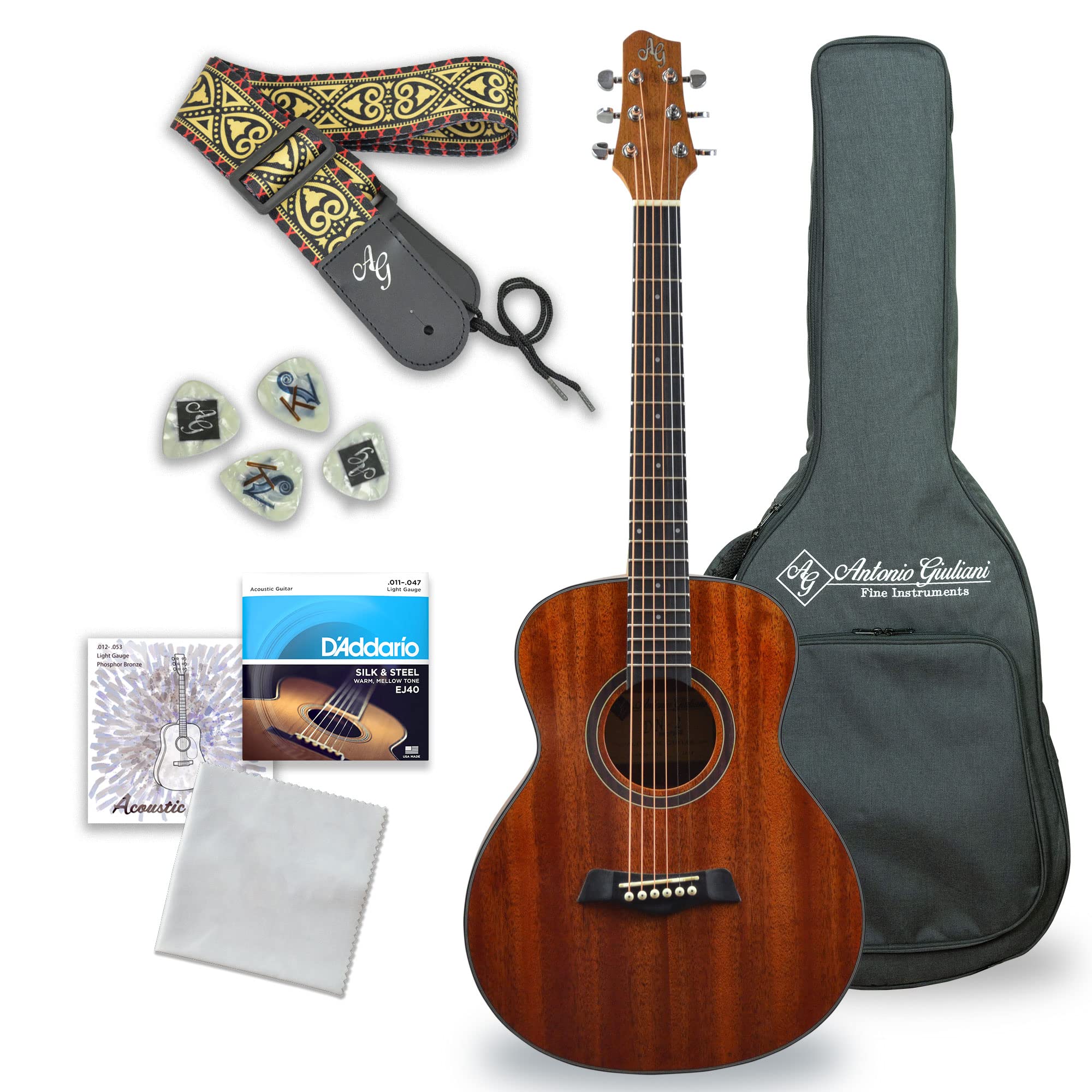 Antonio Giuliani Acoustic Guitar Bundle - Mini Jumbo Short Scale (Dn-2P) - Dreadnought Travel Guitar With Case, Strap, Strings A