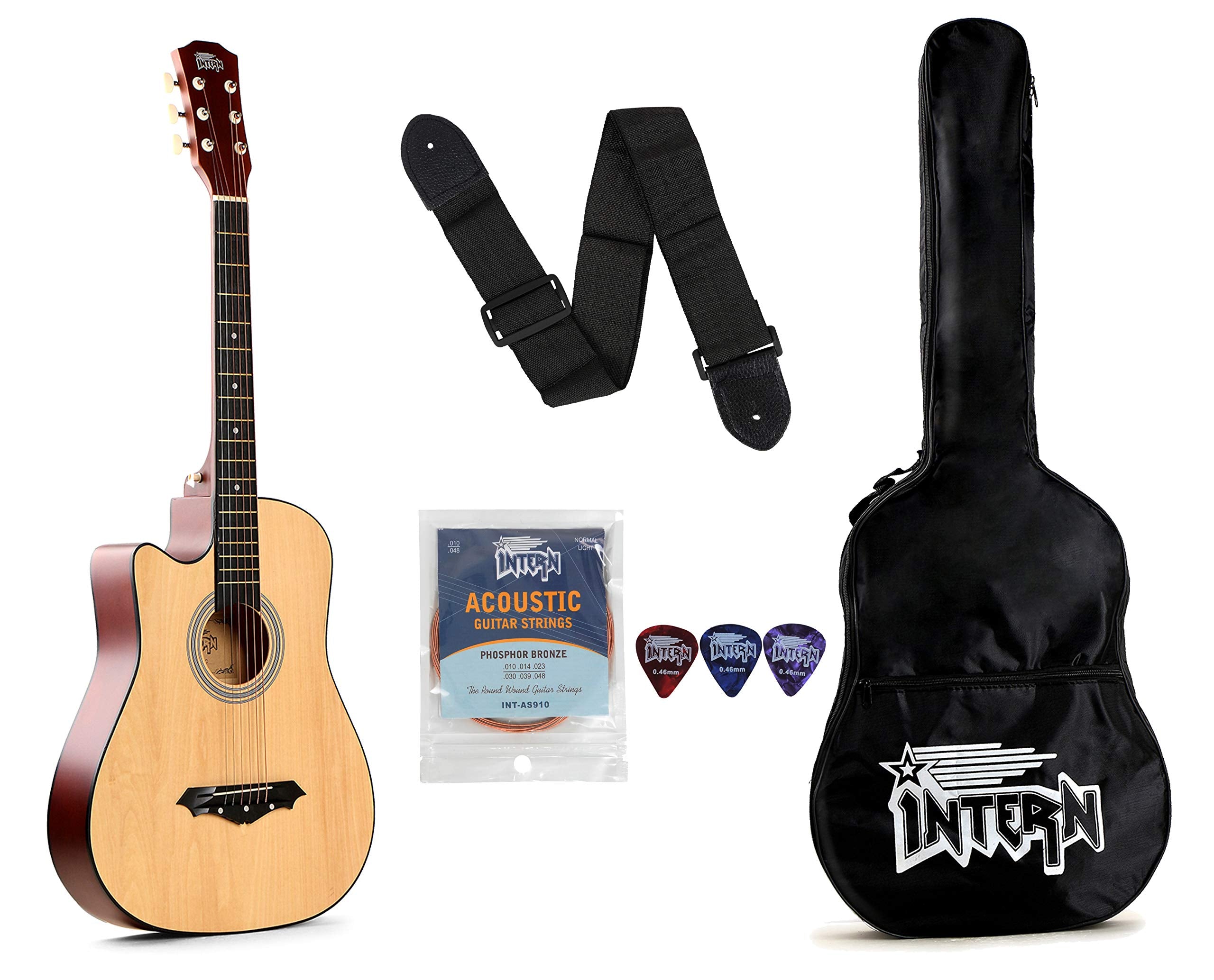 Intern Int-38C-L-Nt Left Hand Acoustic Guitar Kit (Natural) With Carry Bag, String Set, Picks And Strap
