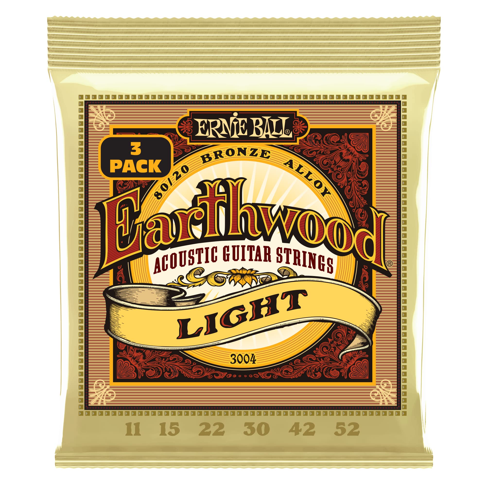 Ernie Ball Earthwood Light 8020 Bronze Acoustic Guitar Strings 3-Pack, 11-52 Gauge (P03004)