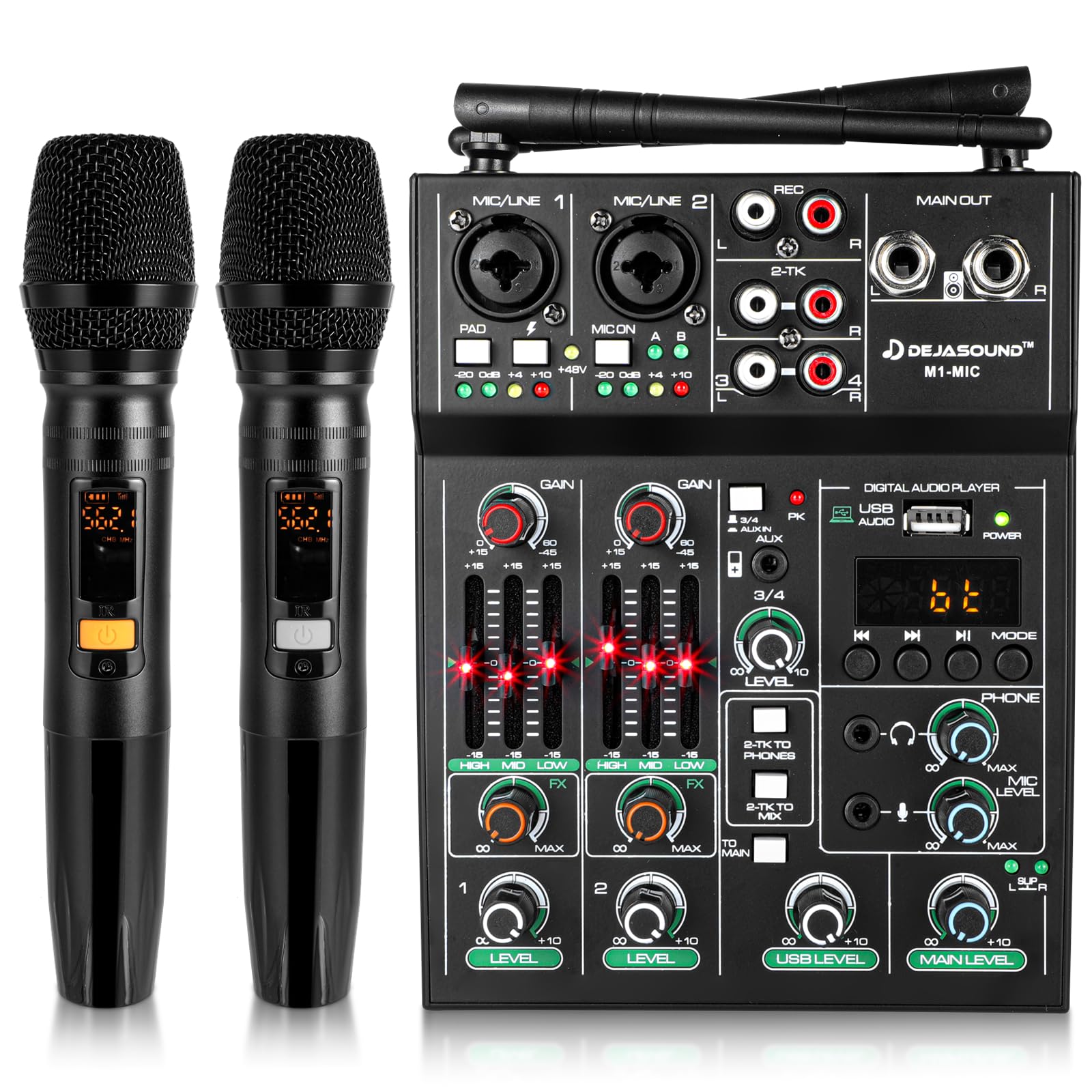 Pro 5 Channel Audio Mixer Mic Set for Live Streaming, Family Karaoke, Studio Recording, Bluetooth Dual Wireless Microphone Syste