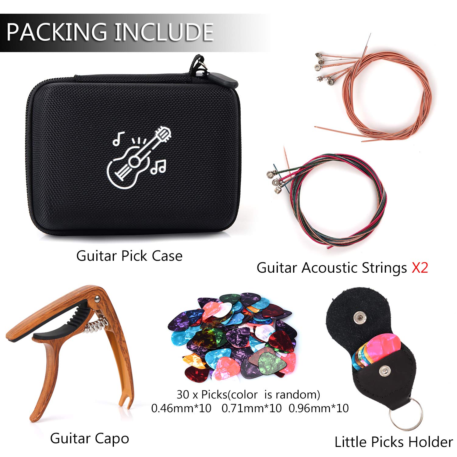 PlasMaller Guitar Pick Holder Case Bag Set, included Upgrade Capo + Guitar Strings + 30pcs Acoustic Electric Guitar Colorful Pic