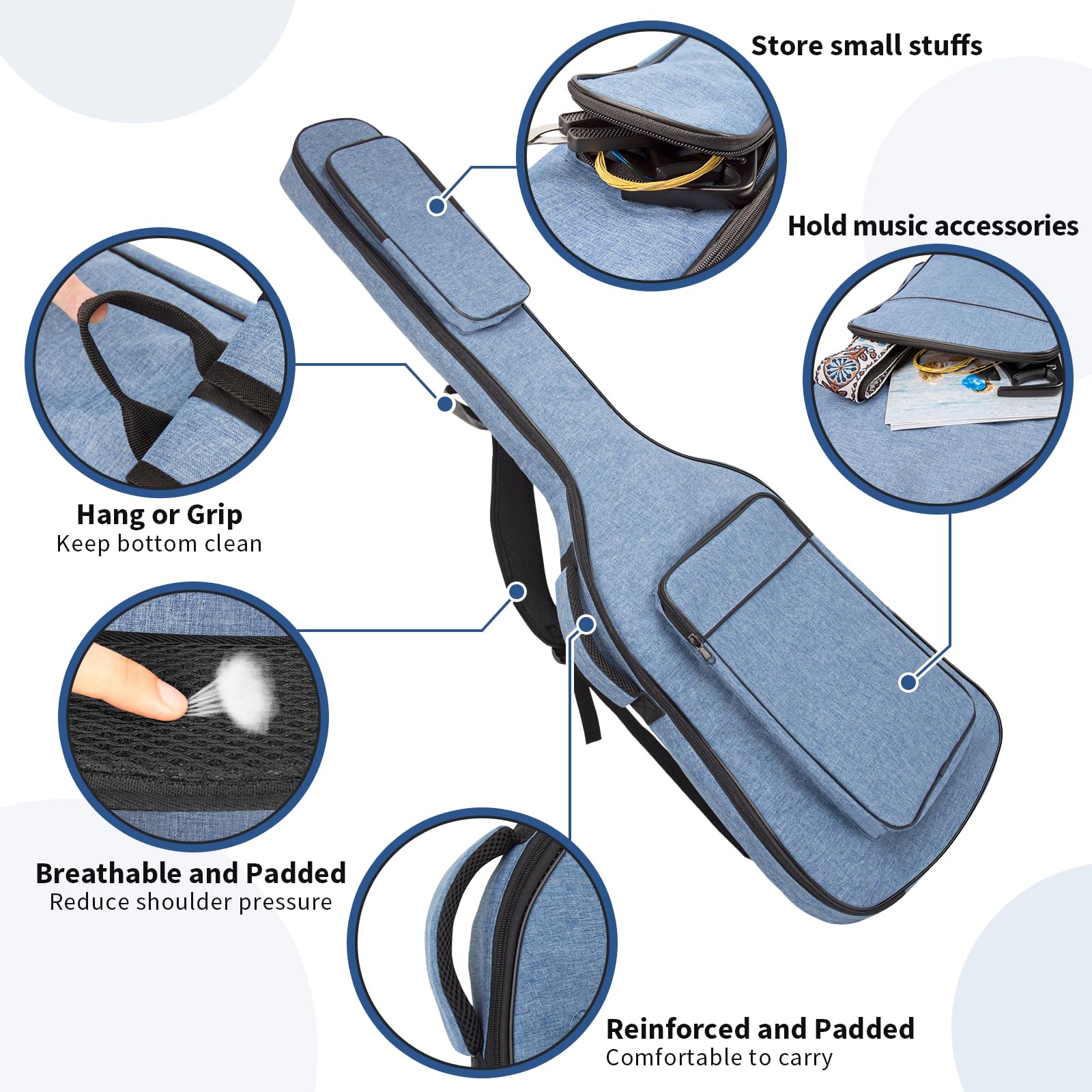 MUZTOP Bass Guitar Bag, 7MM Padding Bass Guitar Gig Bag Padded Soft Electric Bass Guitar Case Backpack with Pockets, Blue