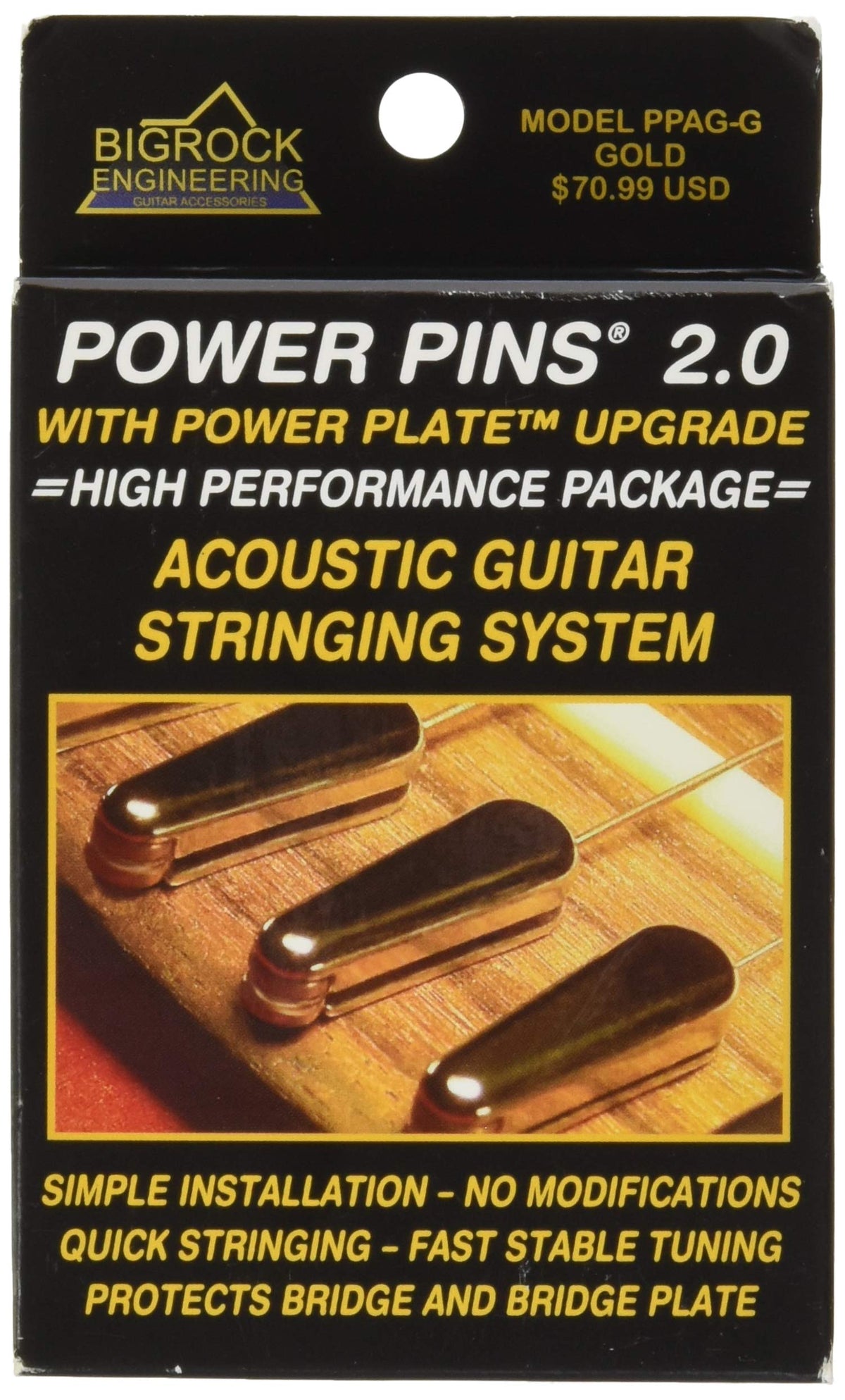 Power Pins 2.0 - Gold Chrome Set With Power Plate Upgrade- Patented Bridge Pin System For Acoustic Guitars- Improved Tone, Ampli