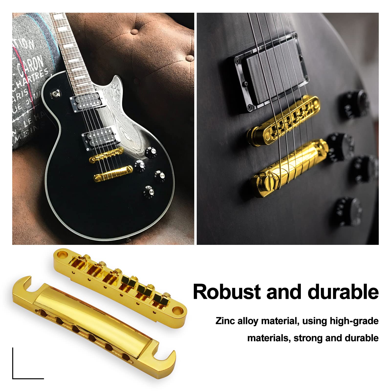 SAPHUE A Set of String Saddle Tune-O-Matic Bridge and Tailpiece with Studs for GB LP Style Electric Guitar (Gold)