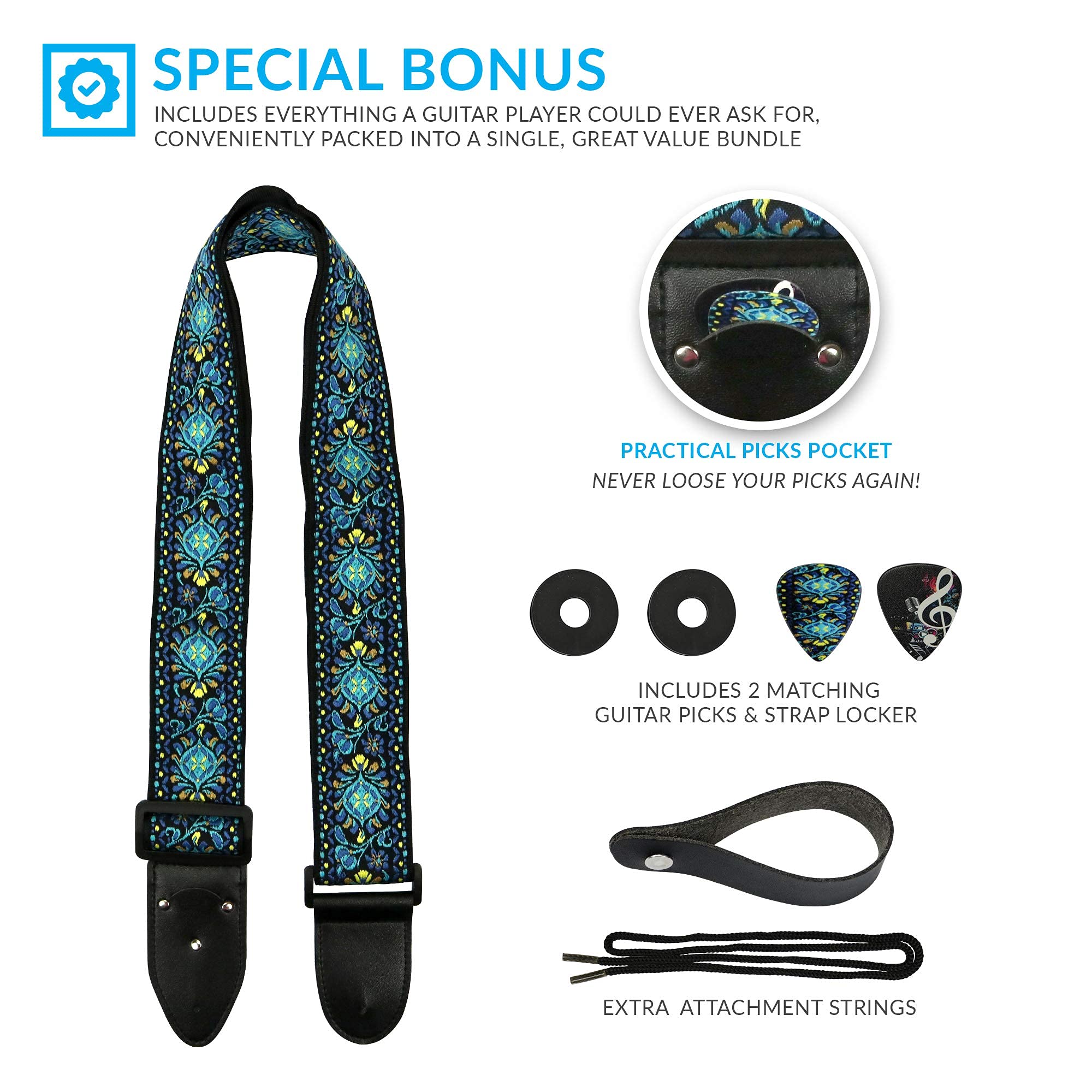 Hootenanny Guitar Strap, Jacquard Weave Embroidered Christmas Gift Strap Includes 2 Strap Locks & 2 Unique Picks. Adjustable Pic