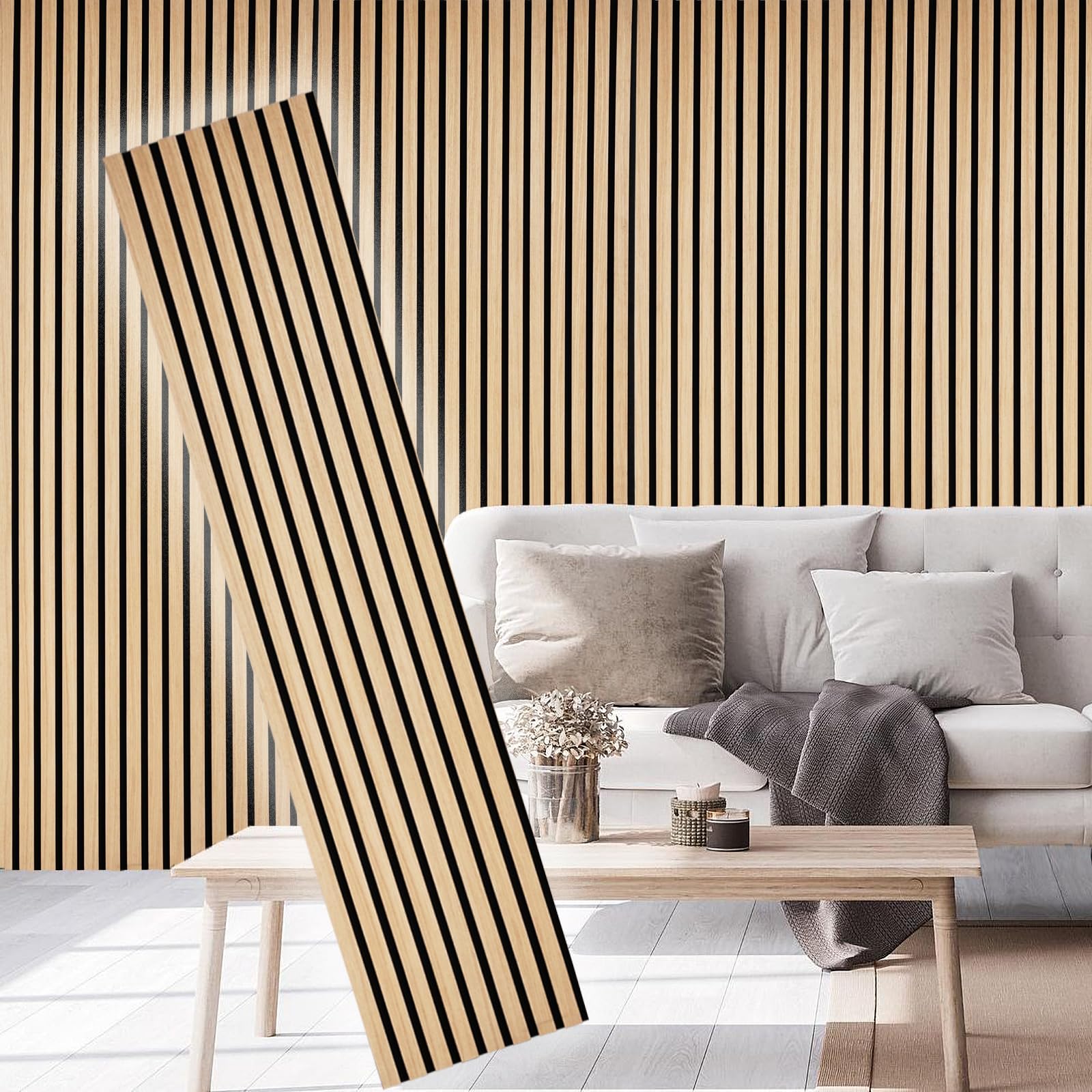 E-Hao 2 Piece Wood Slat Acoustic Panels For Stylish Decor And Noise Reduction, 3D Textured Panel For Ceiling And Wall - White Oa
