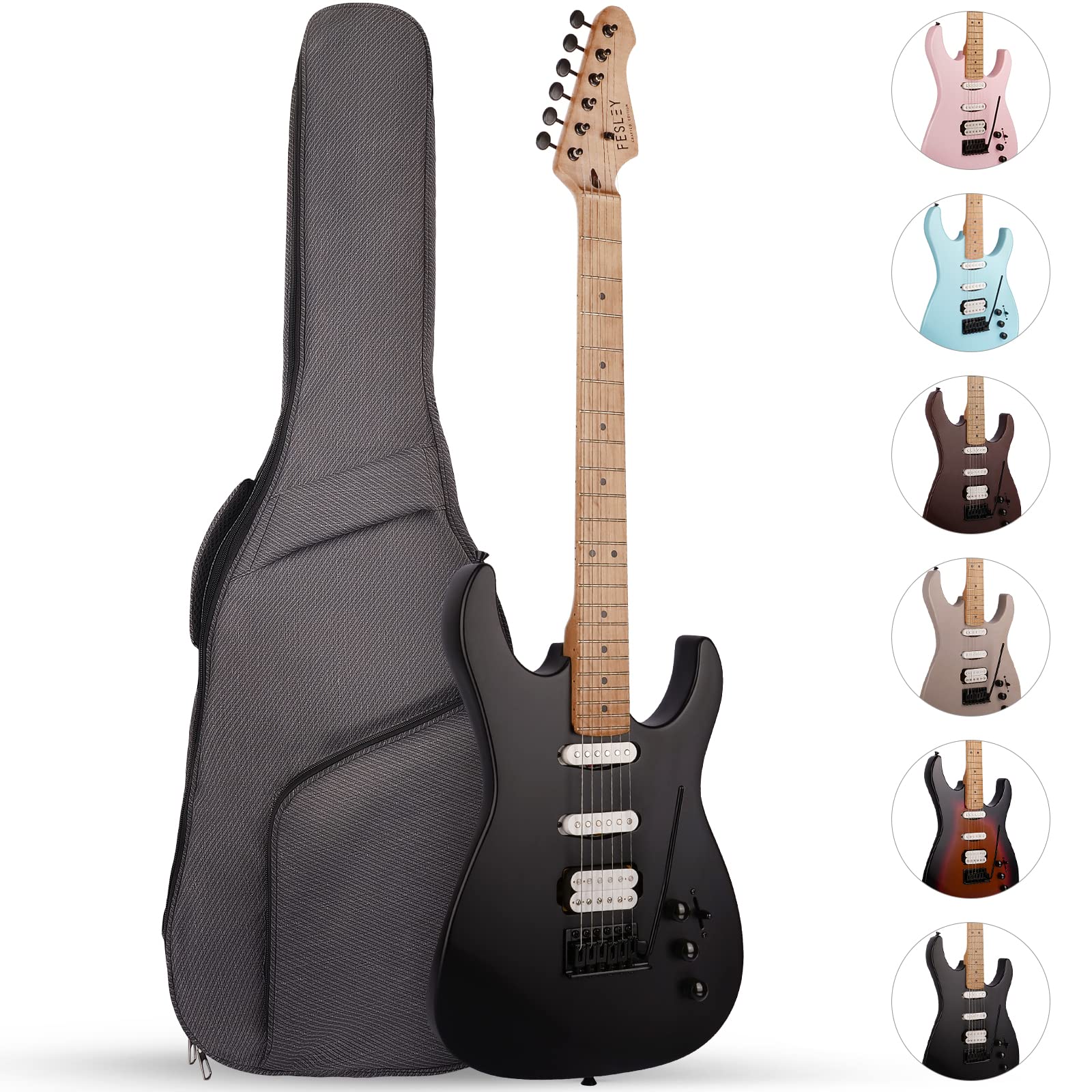 Fesley Electric Guitar, Full Size Solid Body, HSS 6 Strings, F-ST Style, Right Handed, AAA Hard Maple Neck & Fretboard Minimalis