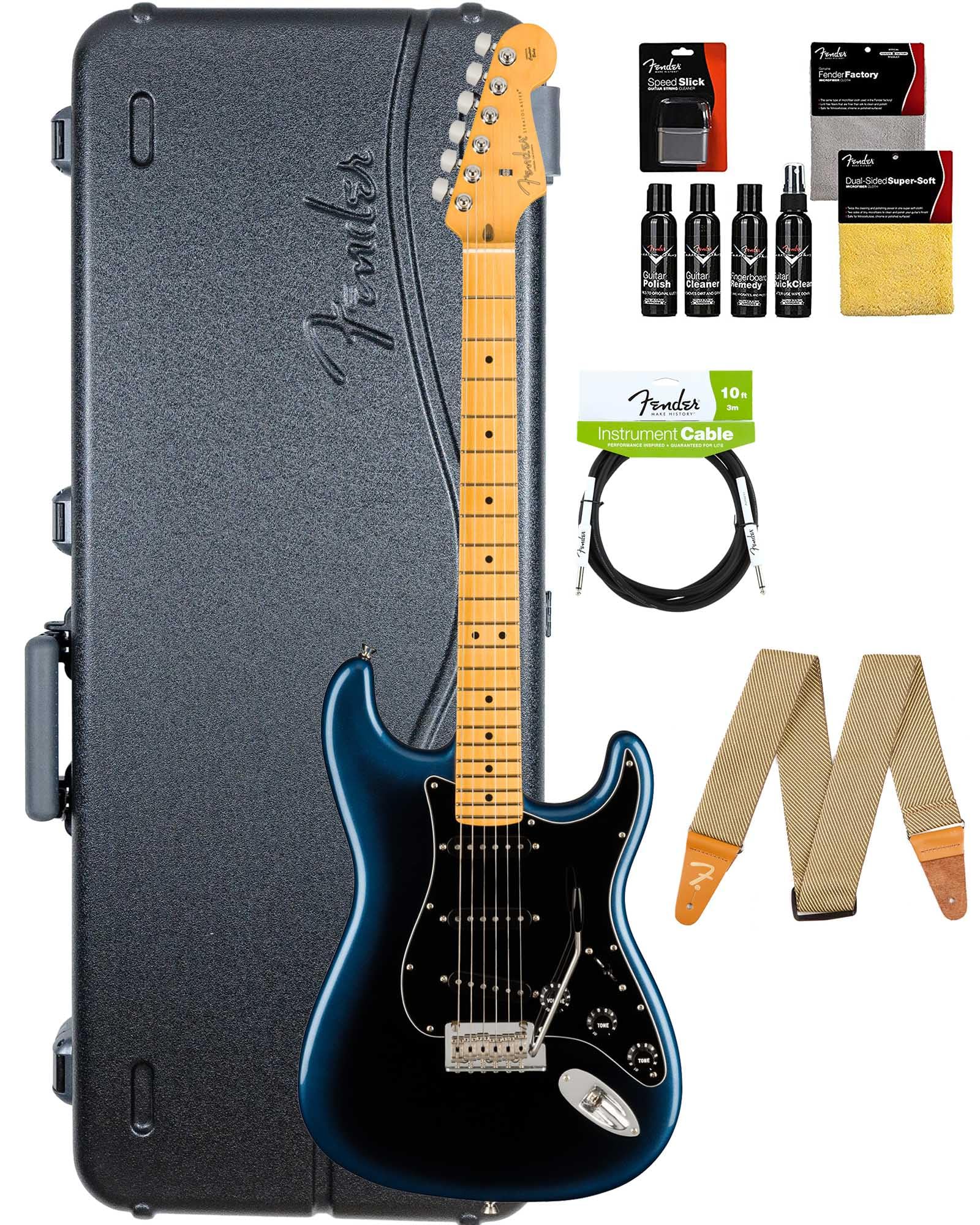 Fender American Professional II Stratocaster, Maple - Dark Night Bundle with Case, Strap, Cable, and Guitar Cleaning Kit