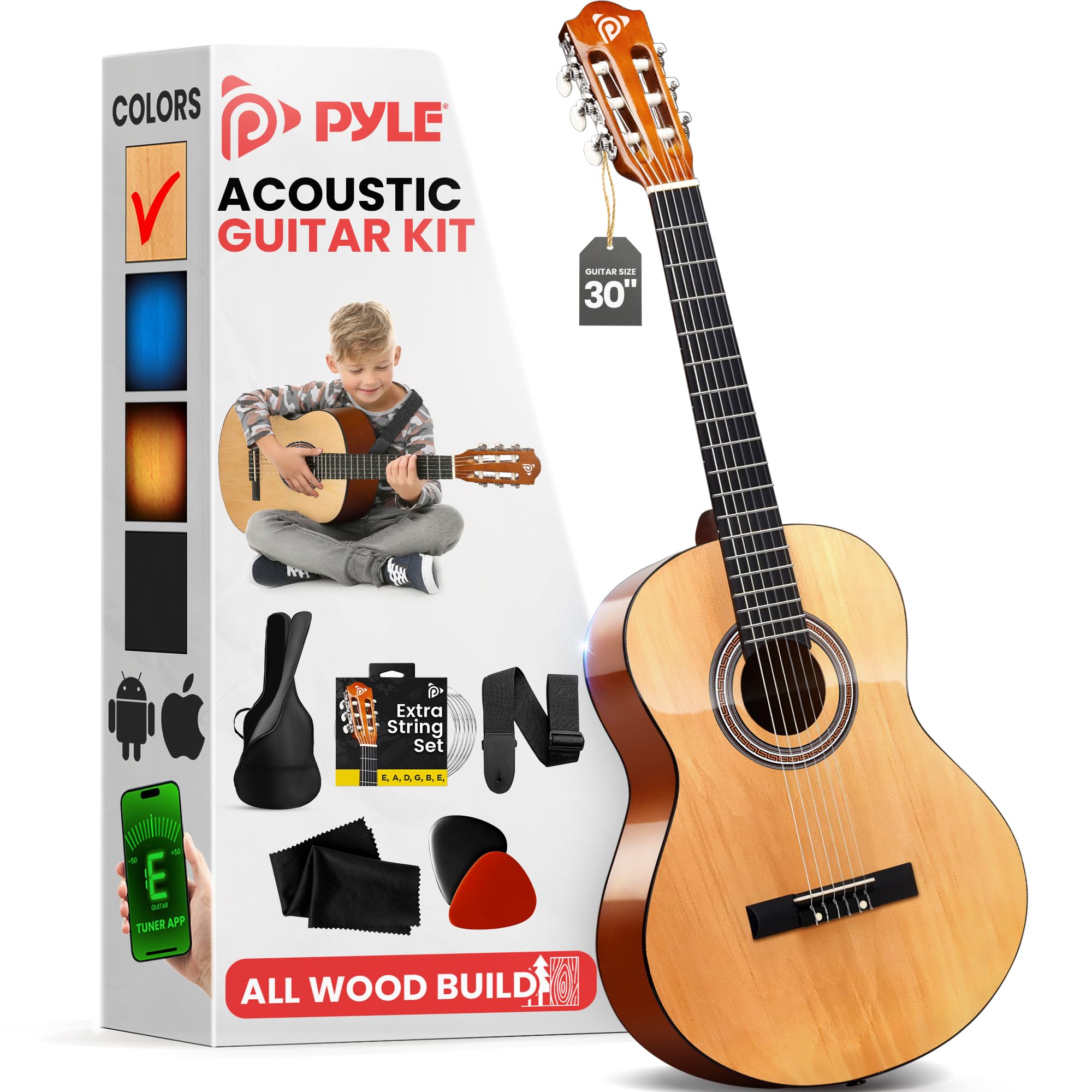 Pyle Beginner 6 String Acoustic Guitar Kit, 1/4 Junior Size Classical Instrument For Students, 30'' Natural Gloss