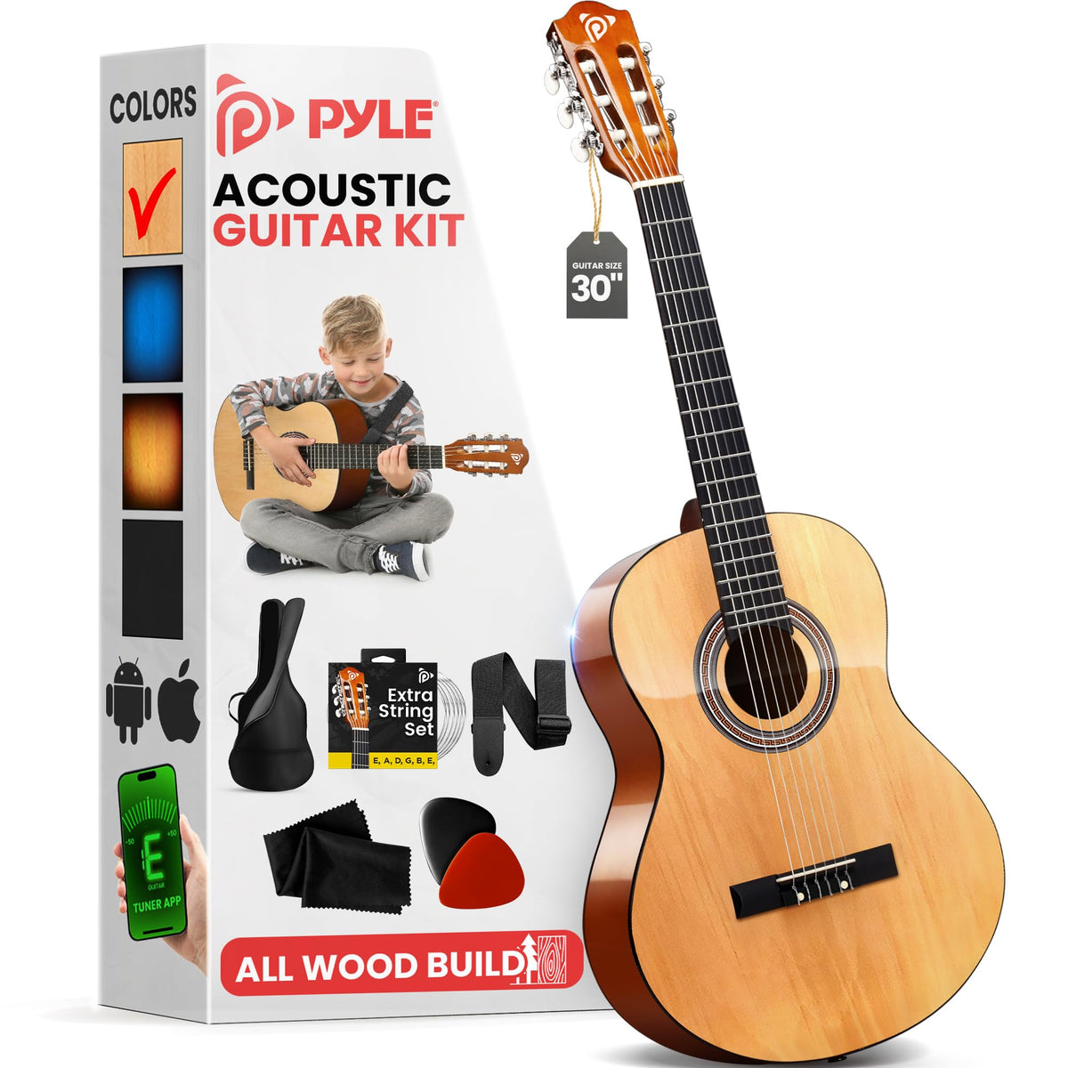 Pyle Beginner 6 String Acoustic Guitar Kit, 1/4 Junior Size Classical Instrument For Students, 30'' Natural Gloss