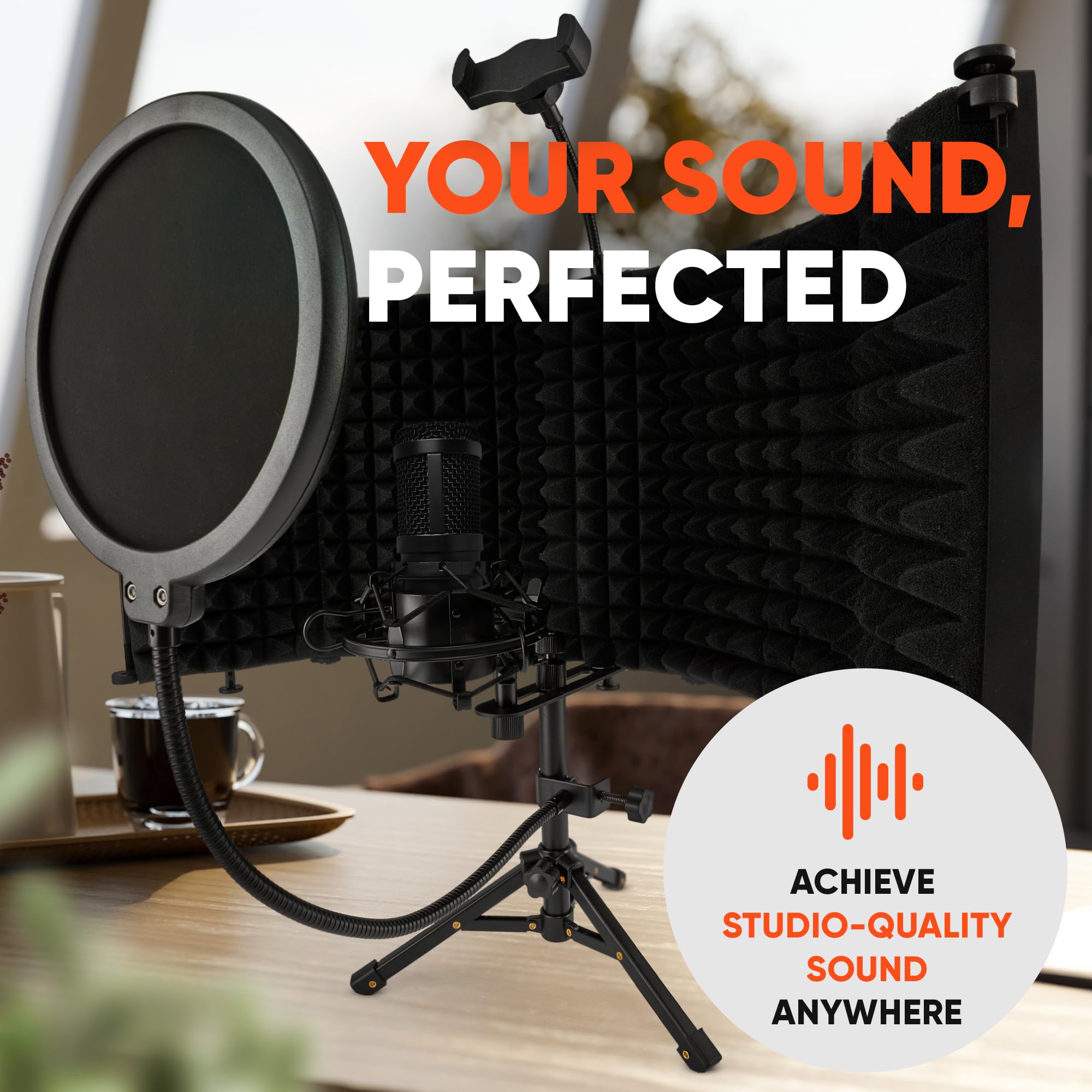 Glemoriol Microphone Isolation Shield with Phone Holder, Pop Filter & Desktop Stand - Sound Proofing Studio Setup for Enhanced S