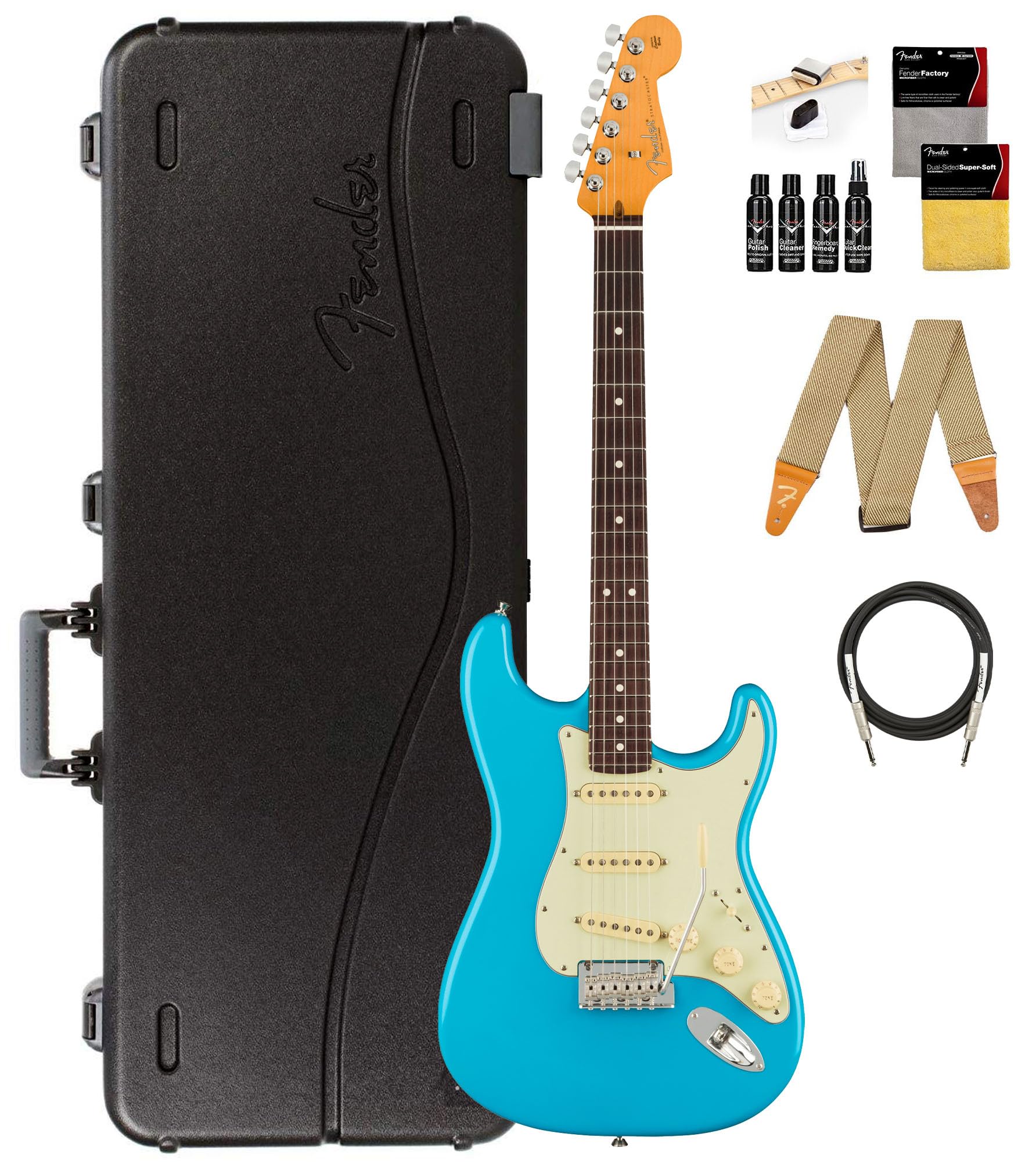 Fender American Professional Ii Stratocaster - Miami Blue Bundle With Case, Strap, Cable, And Guitar Cleaning Kit