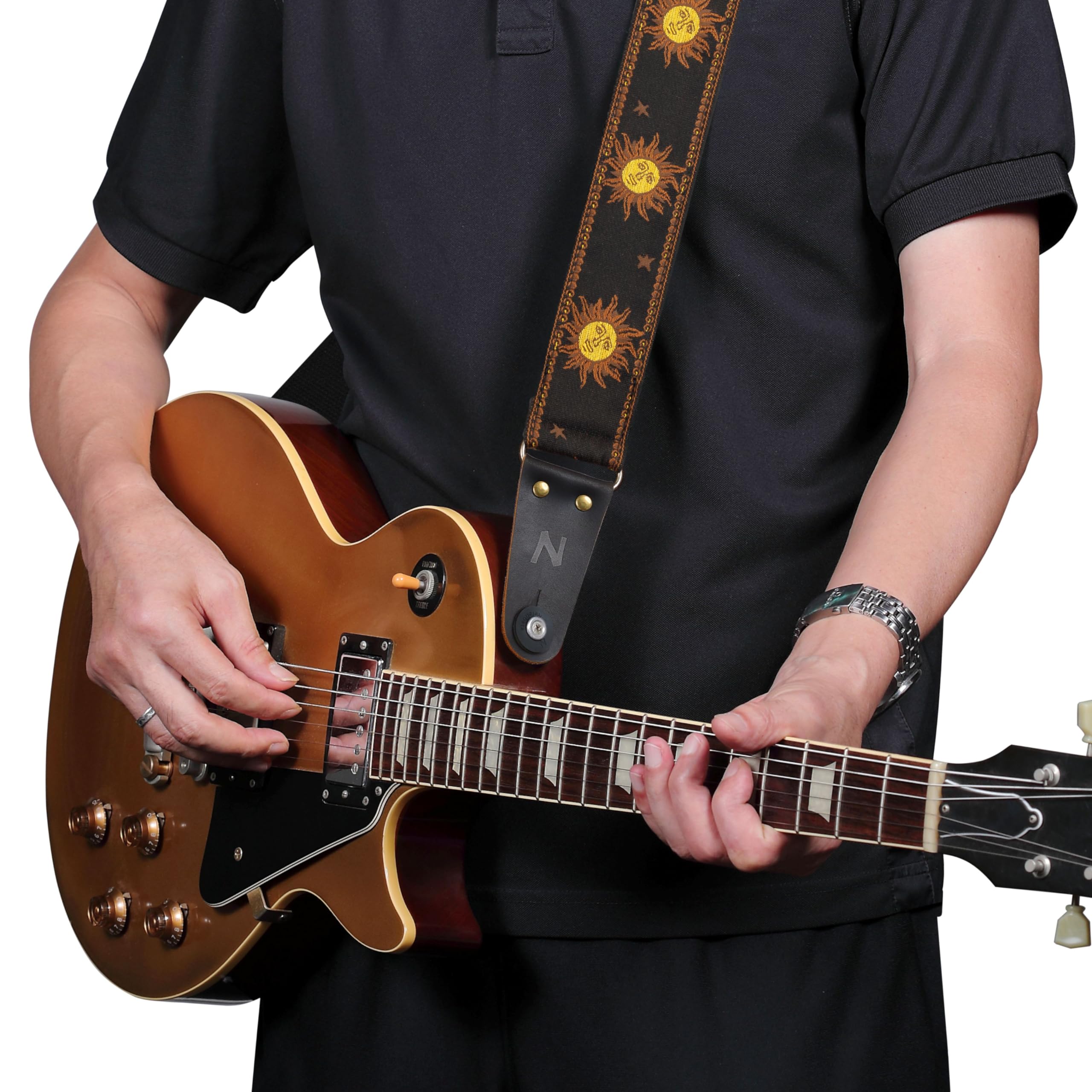 Nefelibata Guitar Strap, Sun Embroidered Cotton Guitar Strap with Head Cowhide Leather Ends for Bass, Electric and Acoustic Guit