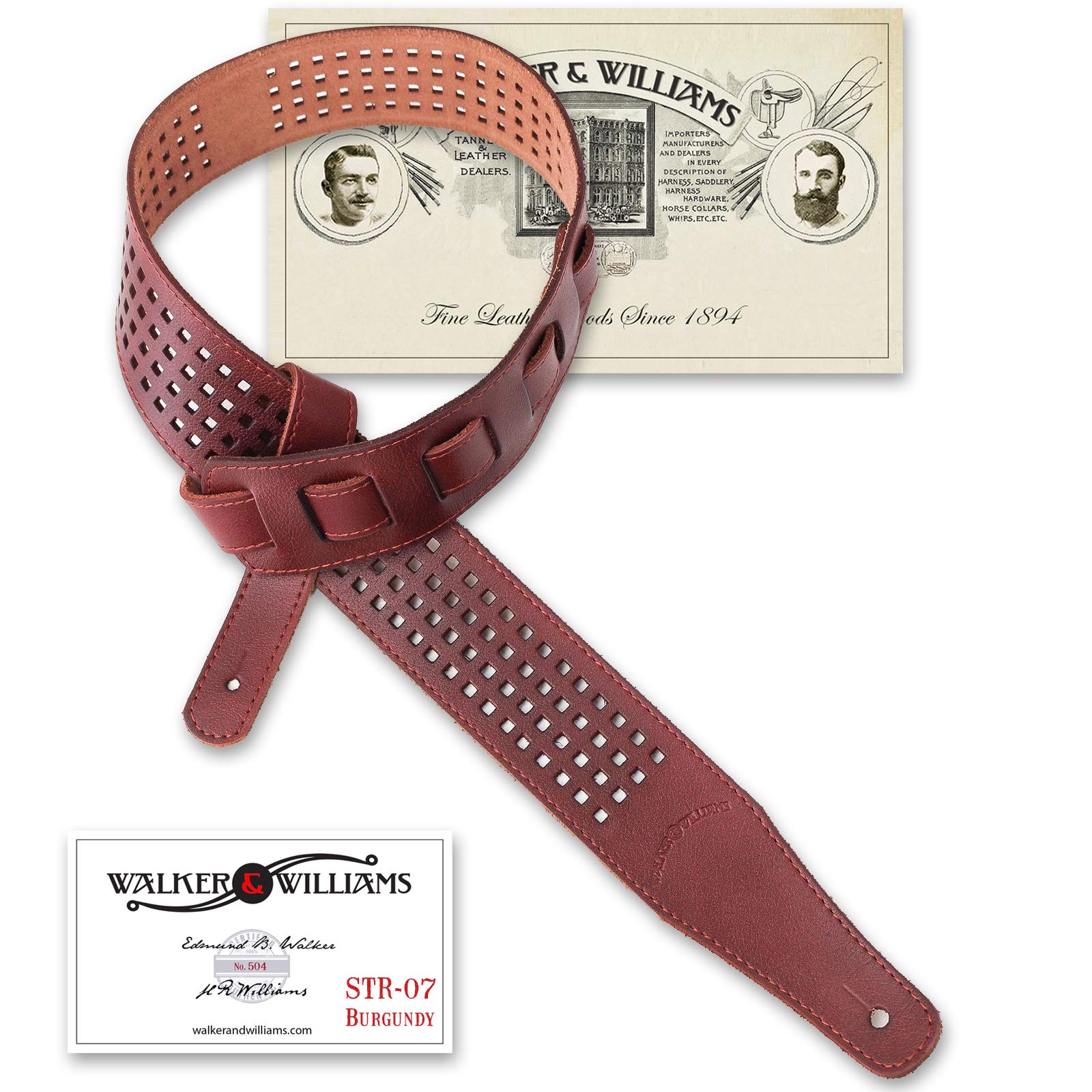 Walker & Williams St-07 Burgundy Brown Waffle Cut 100% Leather Guitar Strap