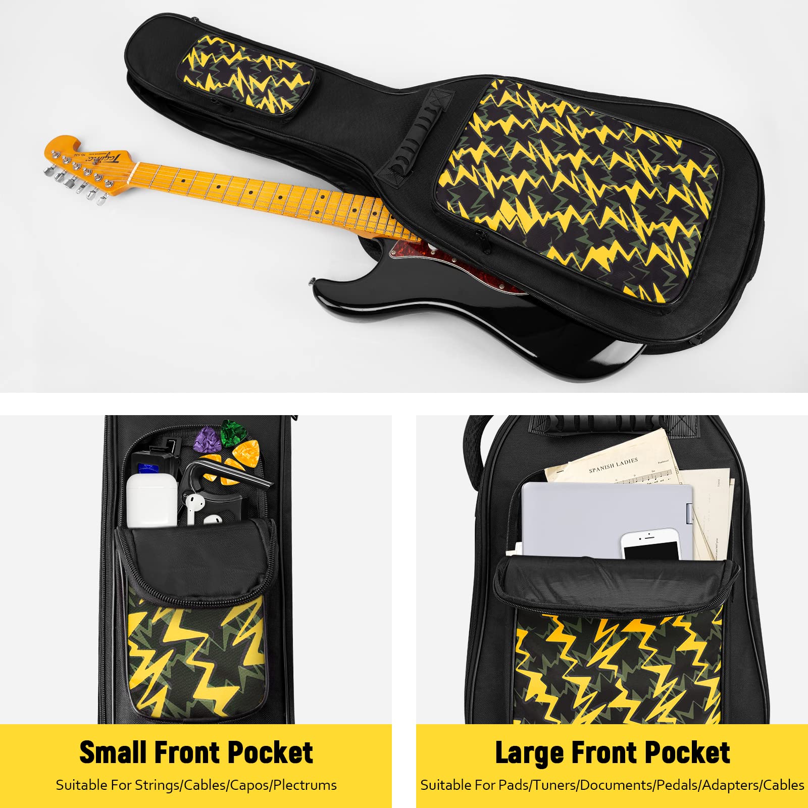 LETSROCK 39 Inch Electric Guitar Bag Case 0.38 inch Thick Padding with Neck Strap Adjustable Shoulder Strap Waterproof Yellow Li