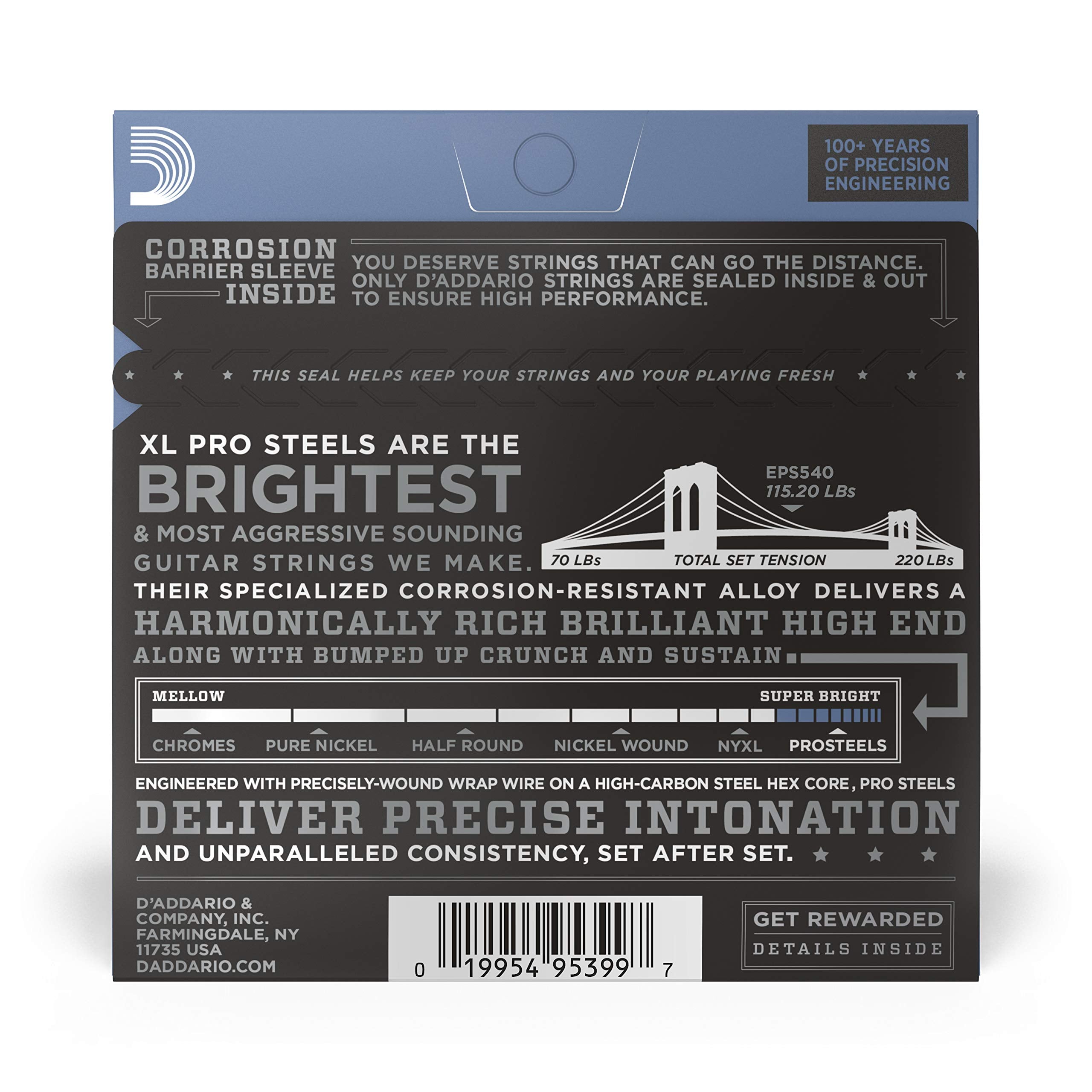 D'Addario Guitar Strings - ProSteels Electric Guitar Strings - Round Wound - Brighter, Crunchier, Increased Sustain - EPS540 - L