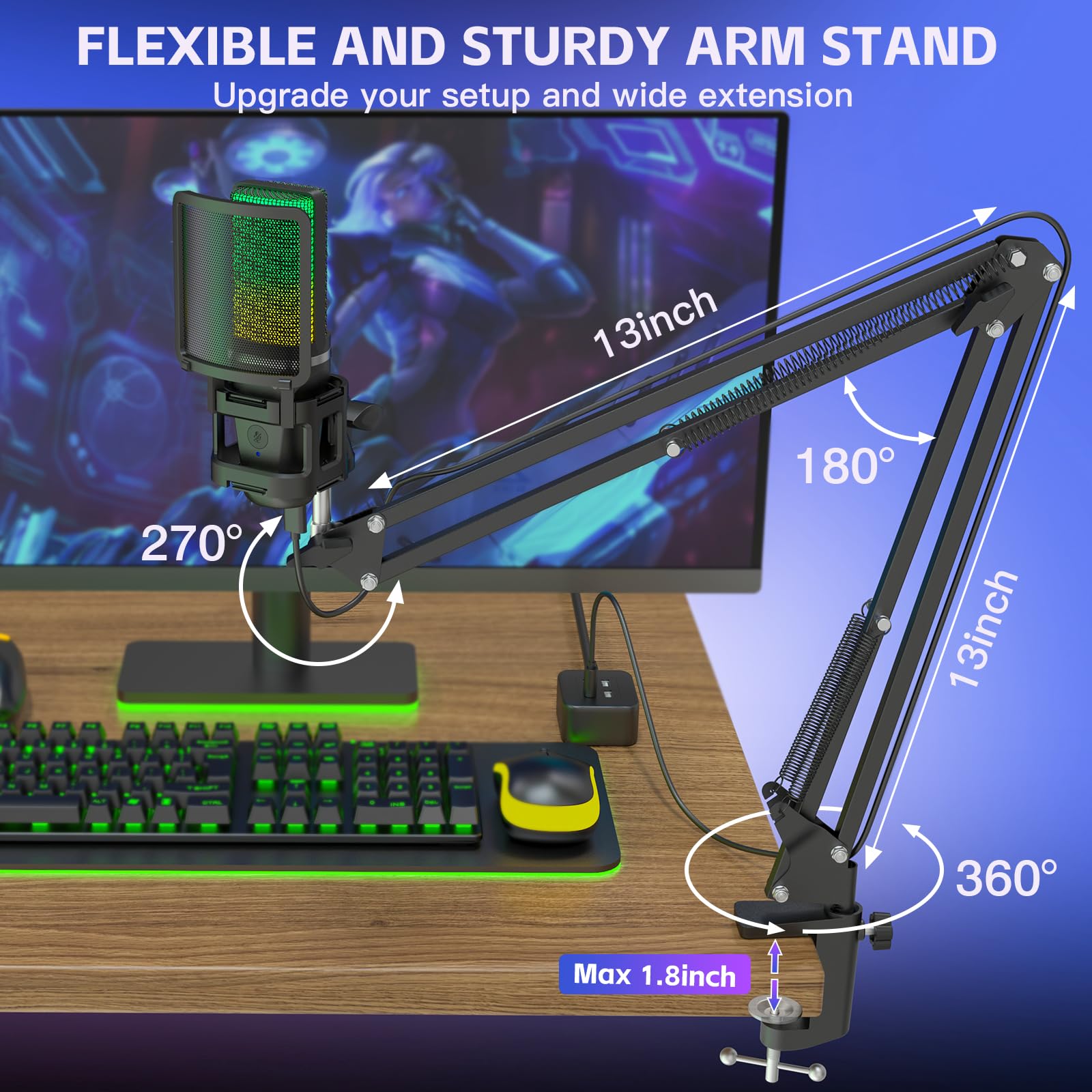 ZealSound Gaming USB Microphone,Noise Cancellation Condenser mic,RGB Microphone with Mute,Gain,Monitoring,Boom Arm,Pop Filter fo