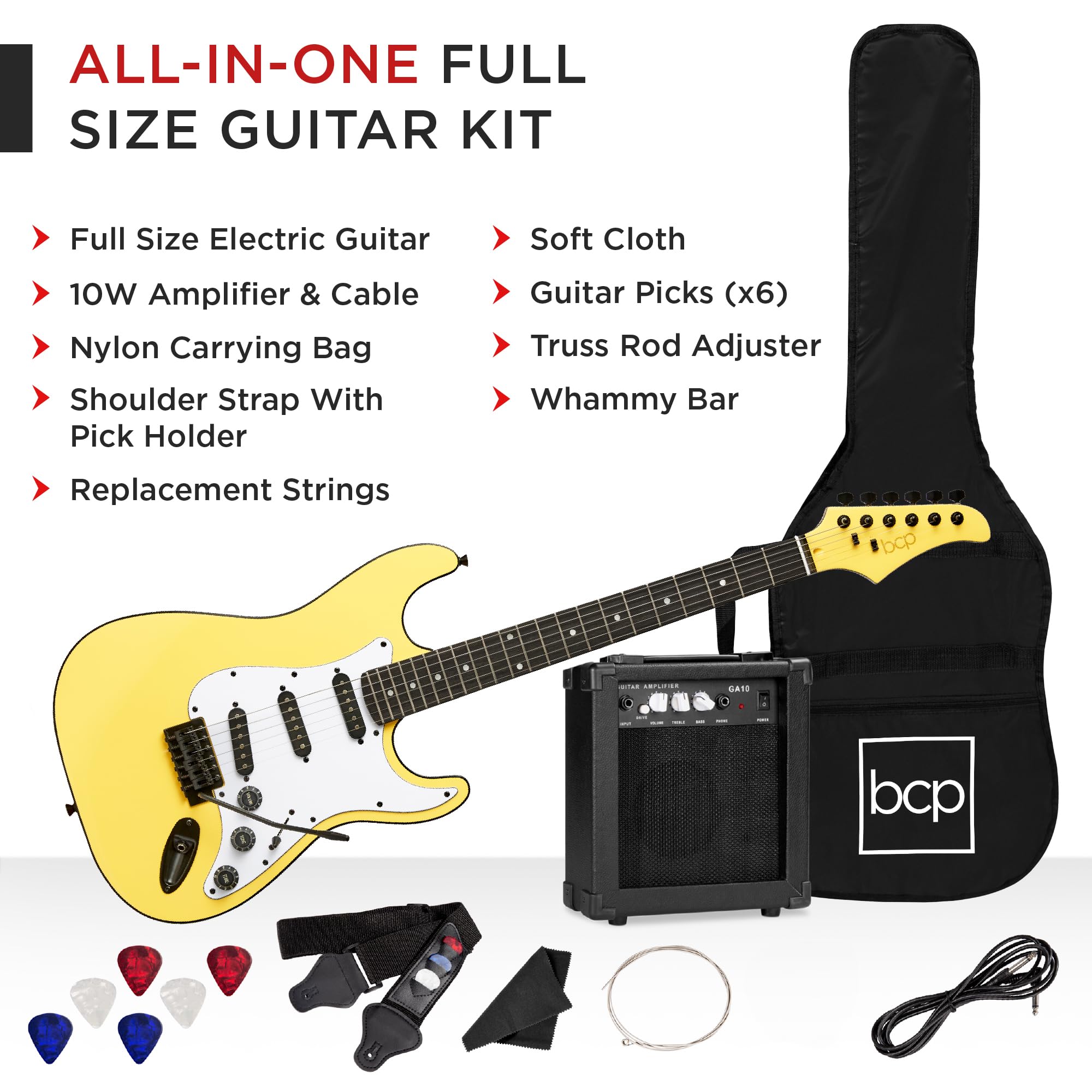 Best Choice Products 39in Full Size Beginner Electric Guitar Starter Kit w/Case, Strap, 10W Amp, Strings, Pick, Tremolo Bar - Ye