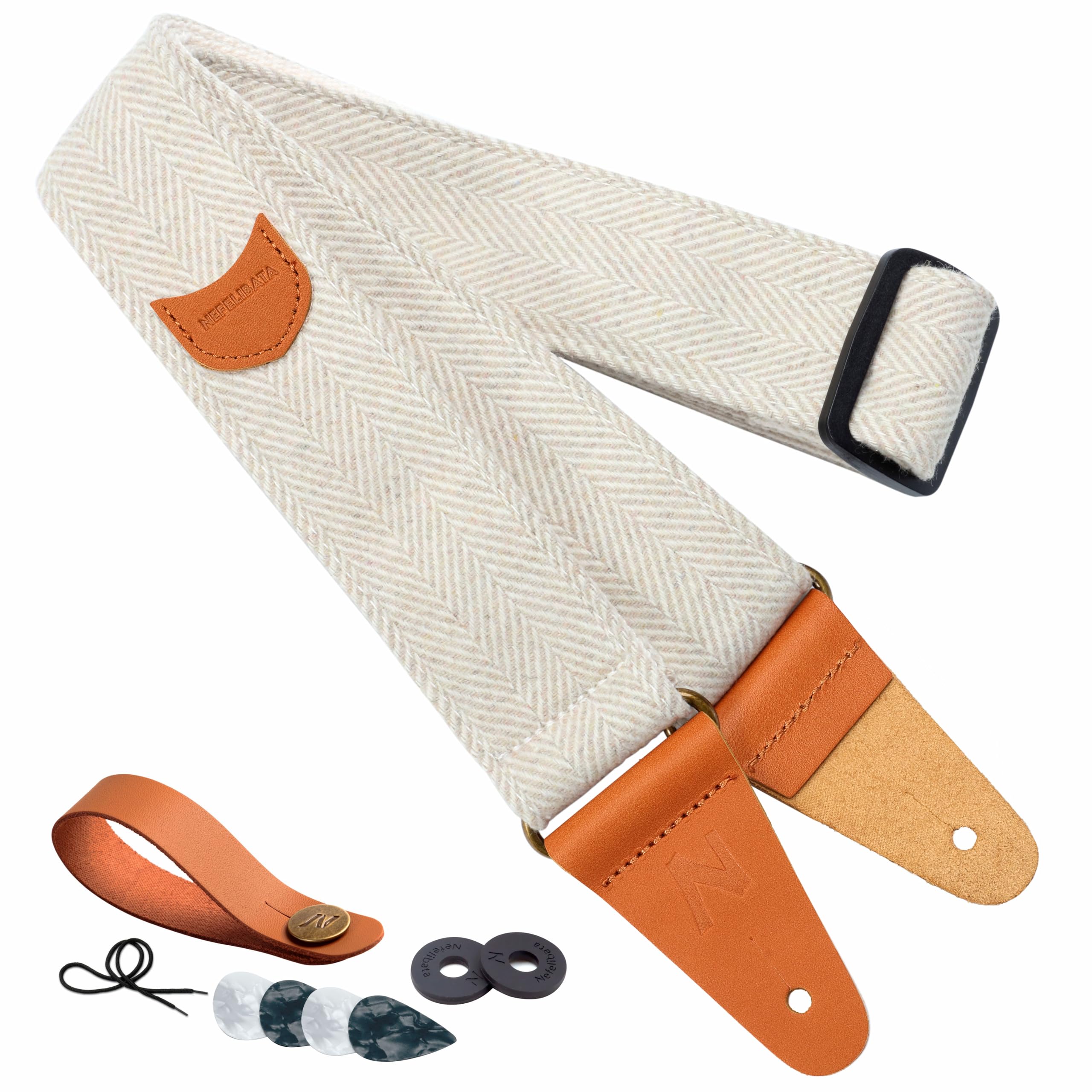 Nefelibata Guitar Strap, Soft Cashmere-Containing Fabric Full Grain Leather End Guitar Straps For Bass, Electric And Acoustic Gu