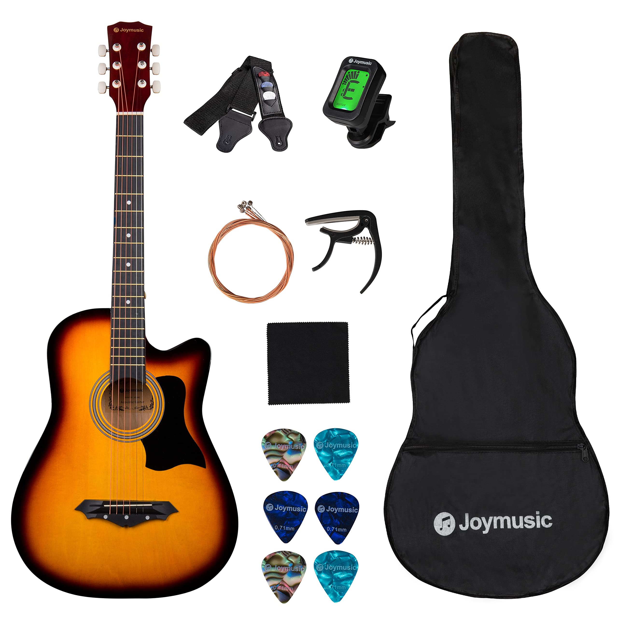 Joymusic 38 inch sunburst beginner acoustic guitar kit,bundle with a strap with picks holder,digital tuner, set strings, capo,cl