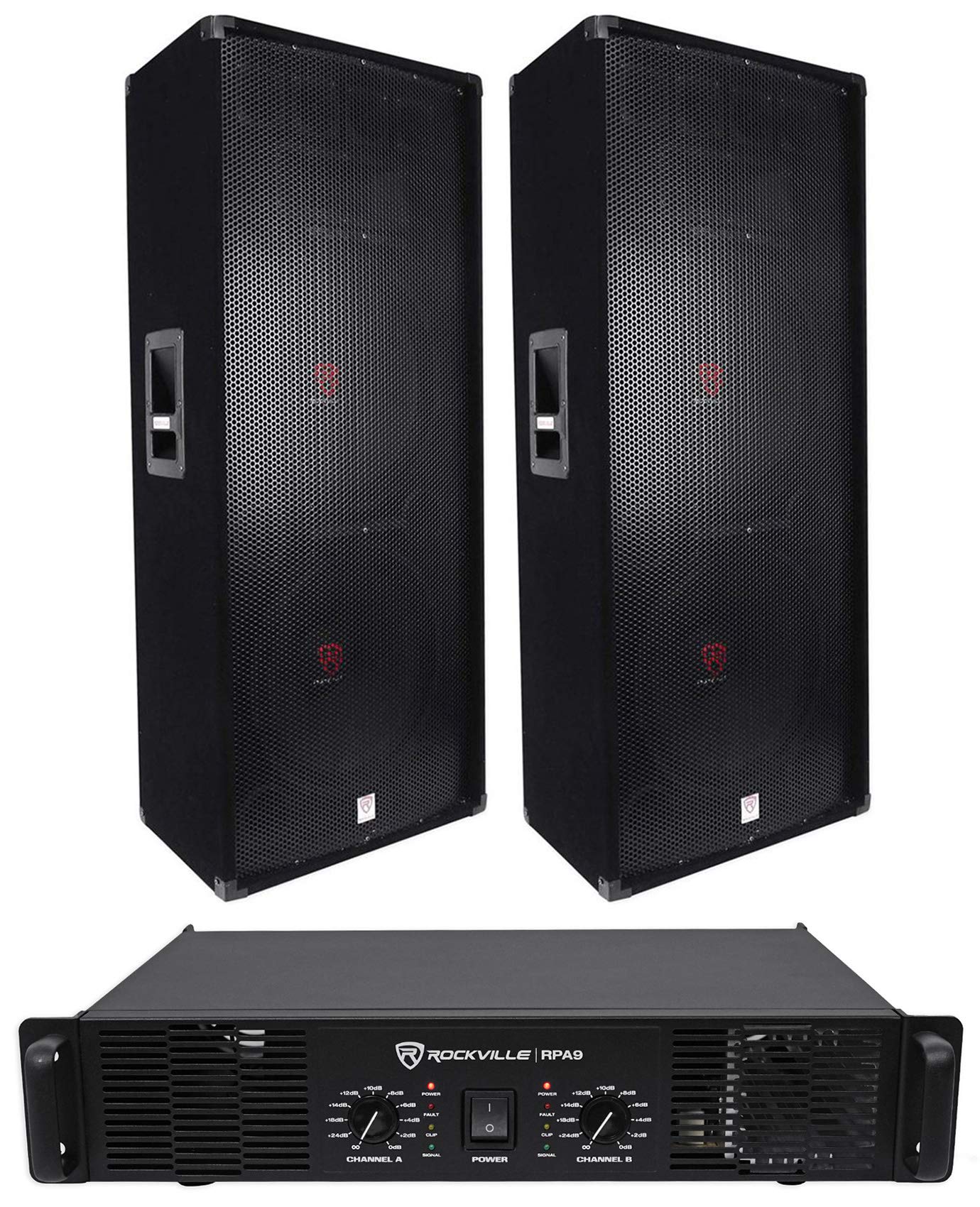 Rockville RSG15.28 Bundle: (2) Dual 15 in 3-Way 8-Ohm Passive DJ/Pro PA Speakers 3000W Peak/1500W RMS Each, RPA9 2-Channel Power