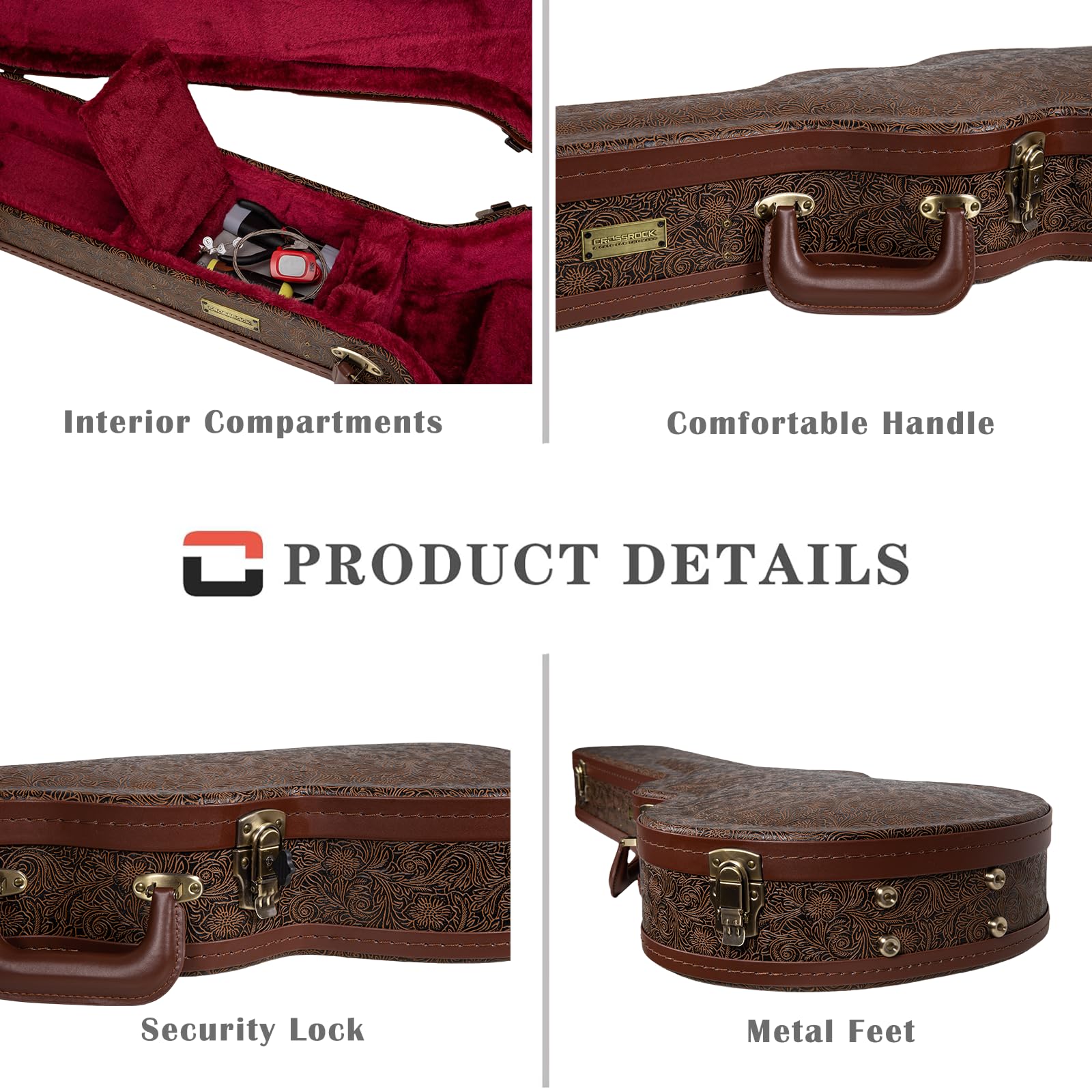 Crossrock Wooden Les Paul Guitar Case | Blossom Brown Finish, Burgundy Velvet Interior, Lock - Designer Series