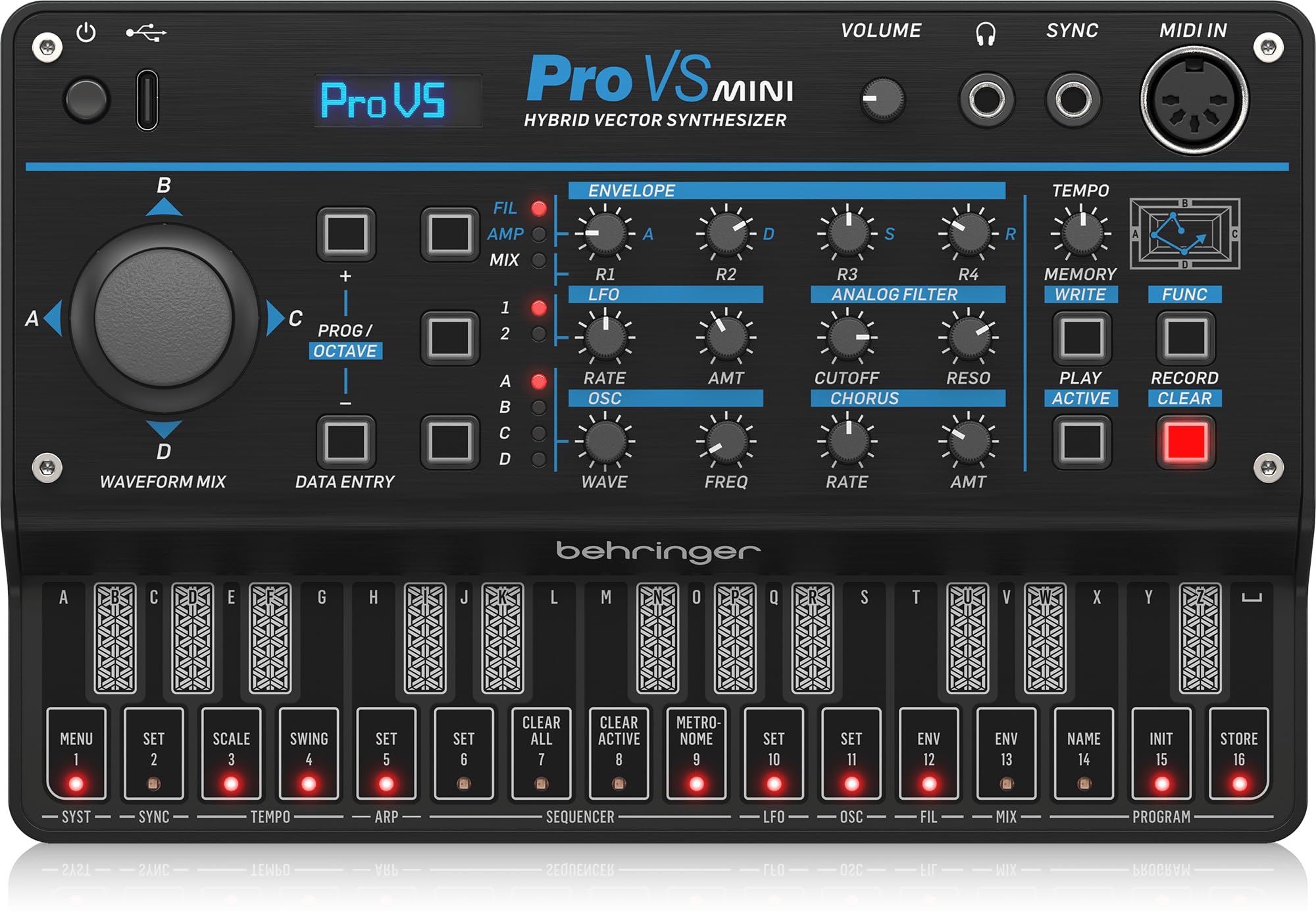 Bellinger PRO-VS MINI Portable Size Hybrid Vector Synthesizer with Built-in Chorus Effect Sequencer/Arpeggiator, 32 Presets, USB