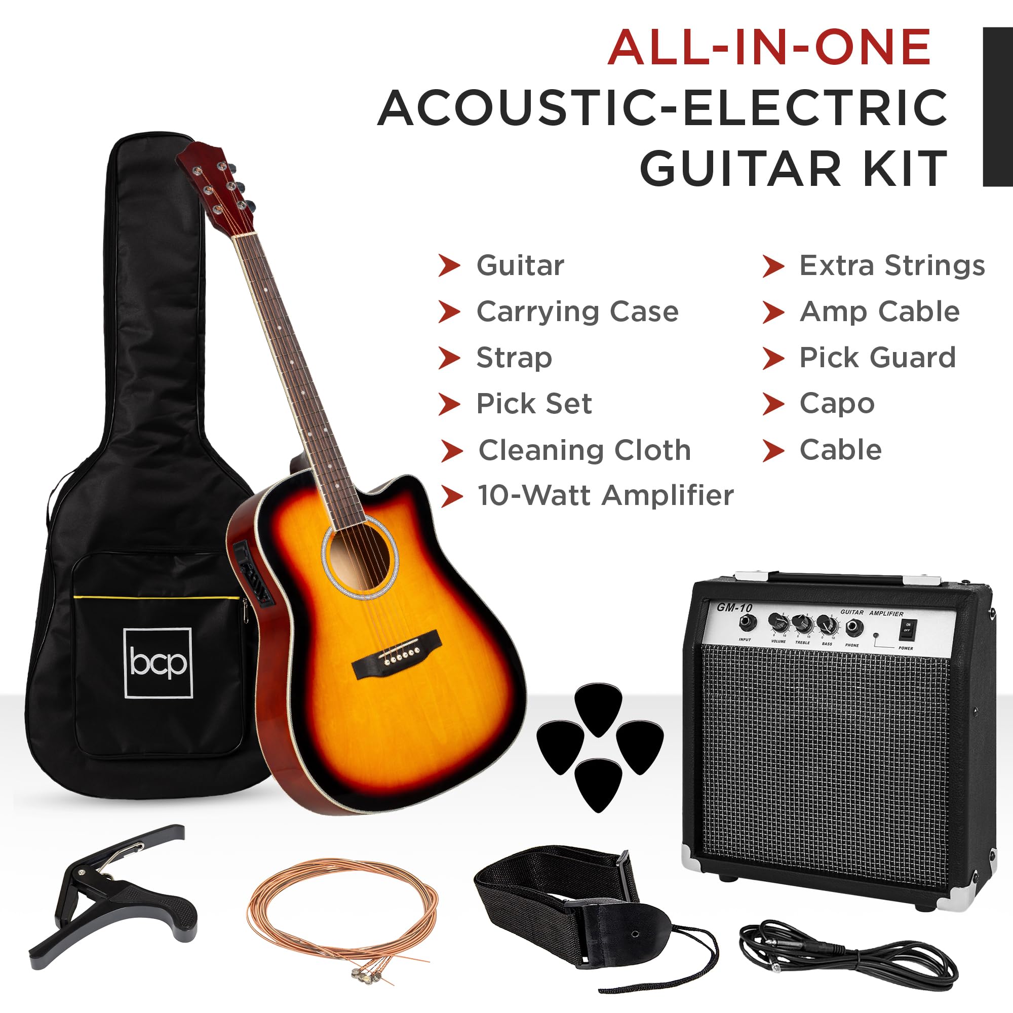Best Choice Products Beginner Acoustic Electric Guitar Starter Set w/ 41in, All Wood Cutaway Design, Case, Strap, Picks - Sunbur