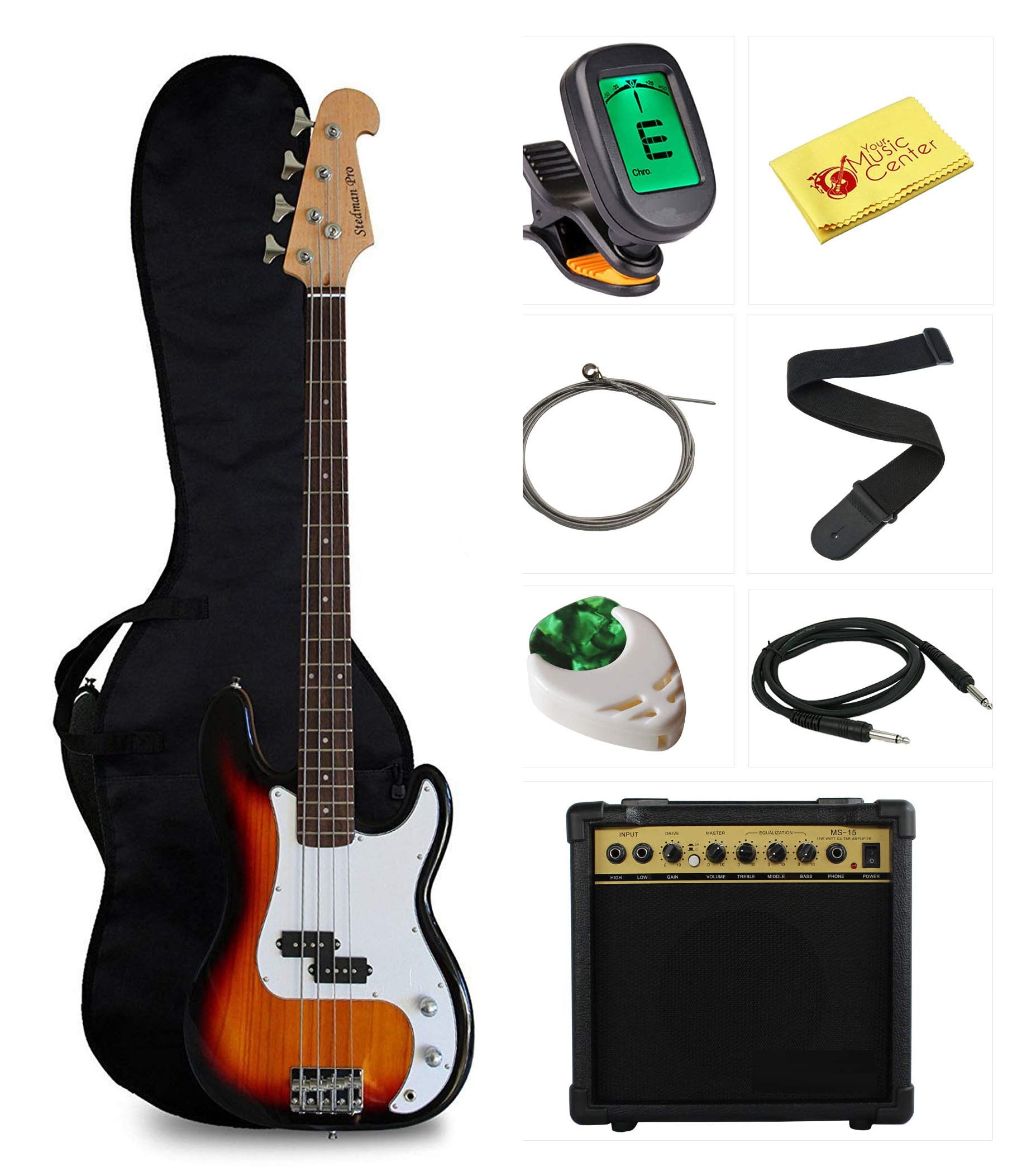 Stedman Pro Beginner Series Bass Guitar Bundle With 15-Watt Amp, Gig Bag, Instrument Cable, Strap, Picks, And Polishing Cloth -
