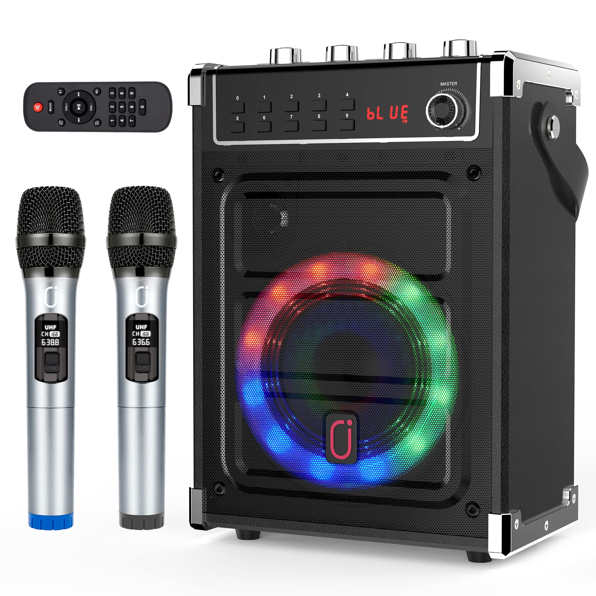 JYX Karaoke Machine with 2 UHF Wireless Microphones, Bluetooth Speaker with Bass/Treble Adjustment and LED Light, PA System Supp