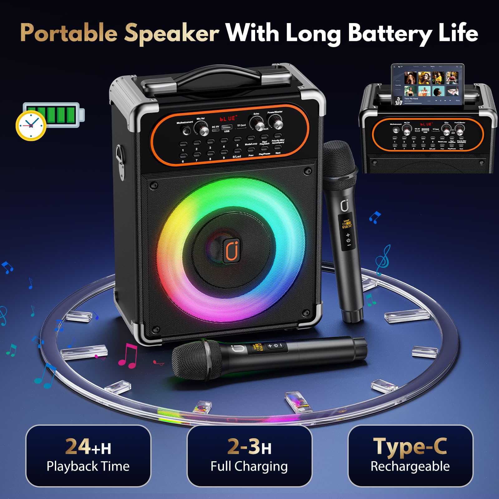 HWWR Karaoke Machine with 2 Microphones, Portable Bluetooth 5.3 Karaoke Speaker for Outdoor Events,Gatherings and Parties, PA Sy