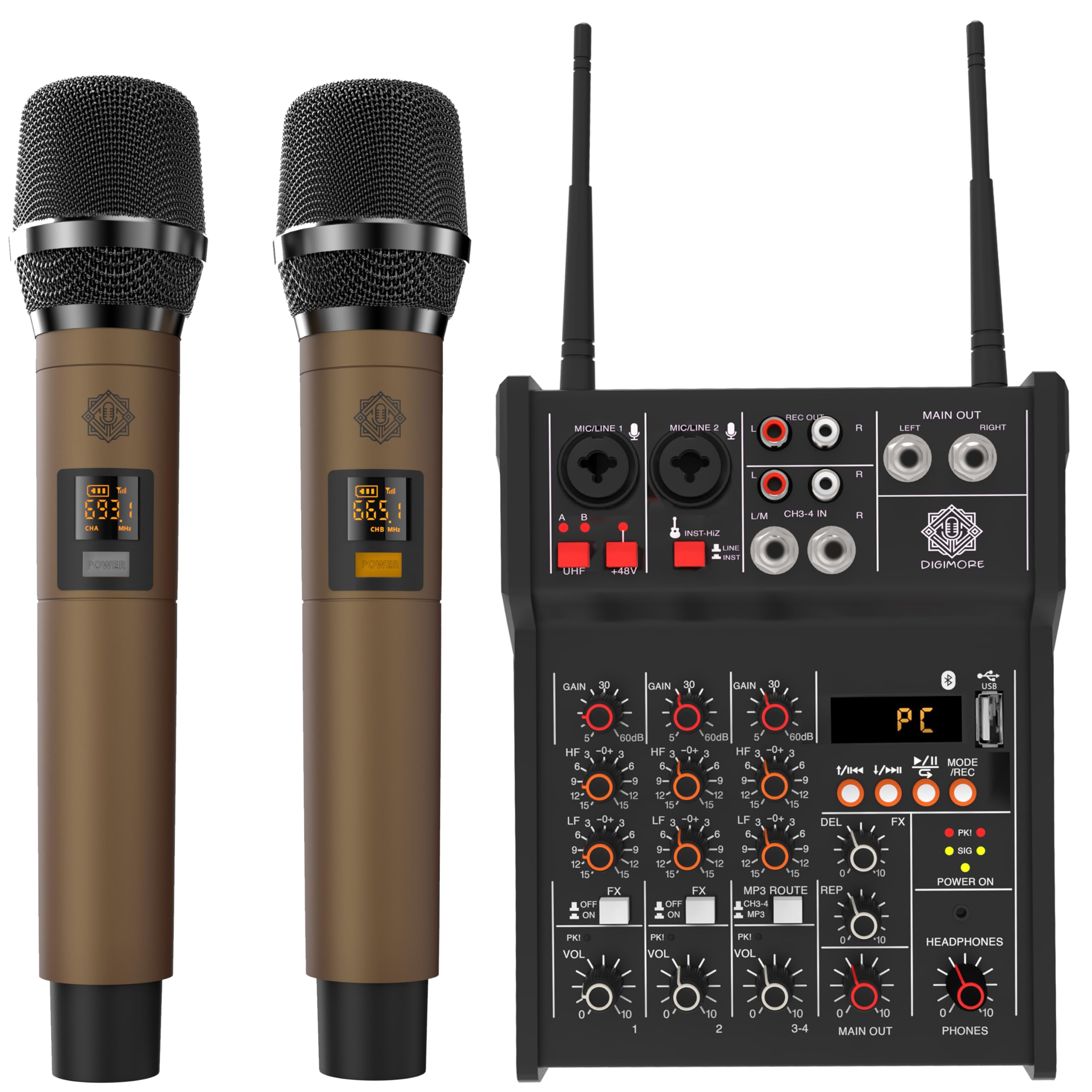 D-300 4 Channel Professional Audio Mixer With Dual Wireless Mic, Sound Board Console 16 Dsp Controls Mp3 Bluetooth 48V Phantom P