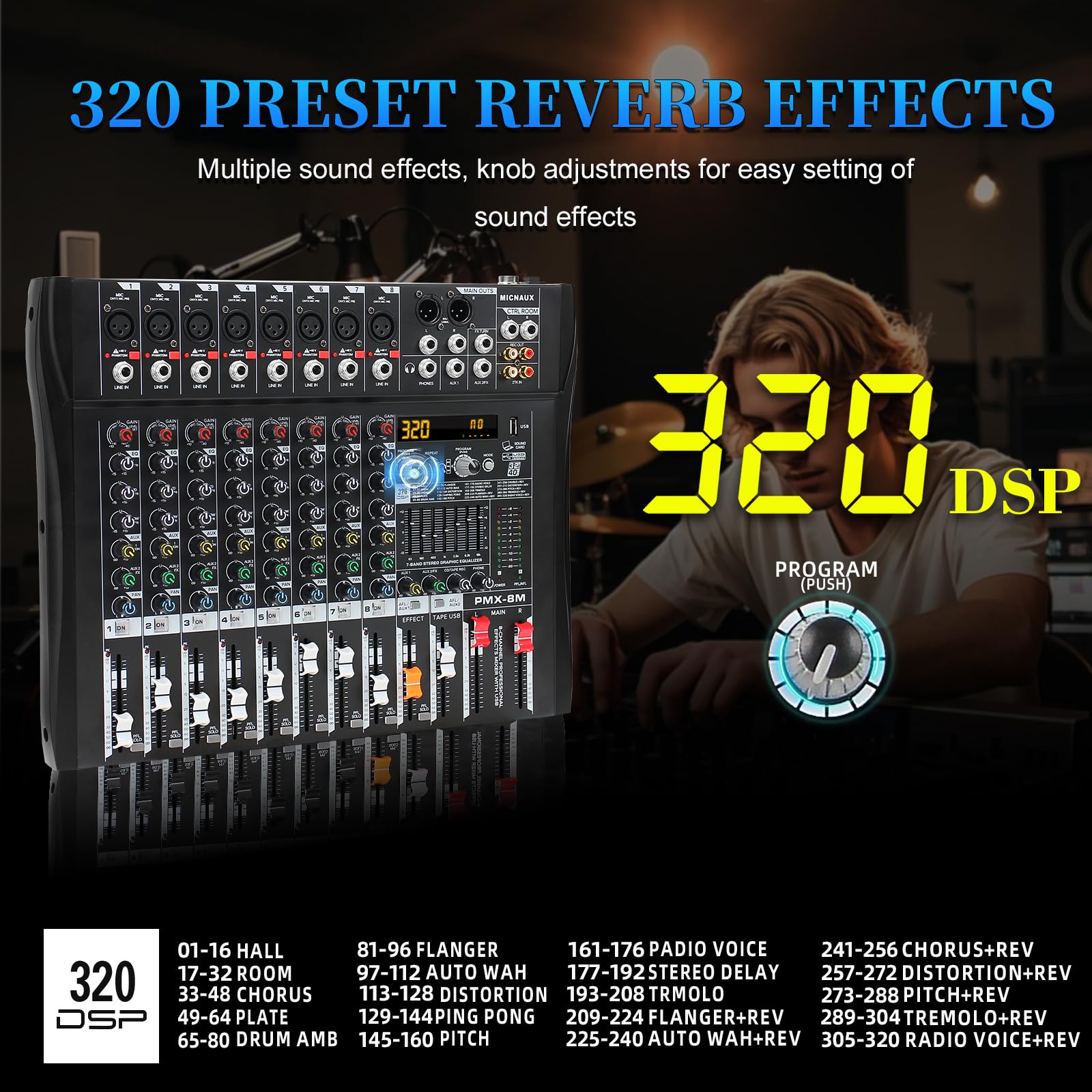 MICNAUX Audio Mixer 8 Channel Professional Mixer Console with 320 DSP Effects, 7-band EQ Sound Mixing Board Digital DJ Mixer w/U