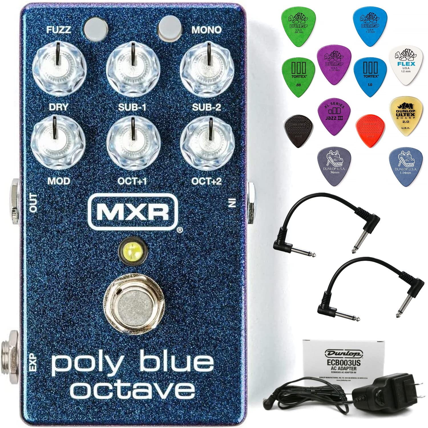 Briskdrop Mxr M306 Poly Blue Octave Bundle With 2 Patch Cables, 9V Power Supply, And Dunlop Pvp113 Pick Pack
