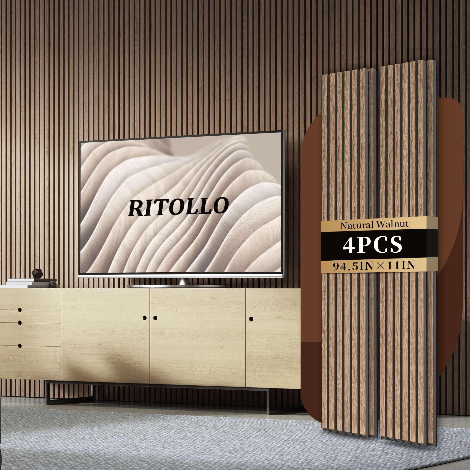 RITOLLO 4-Piece Wood Slat Panels for Wall 94.5  11 Acoustic Panels for Interior Wall Decor 3D Fluted Sound Absorbing Panel - Nat