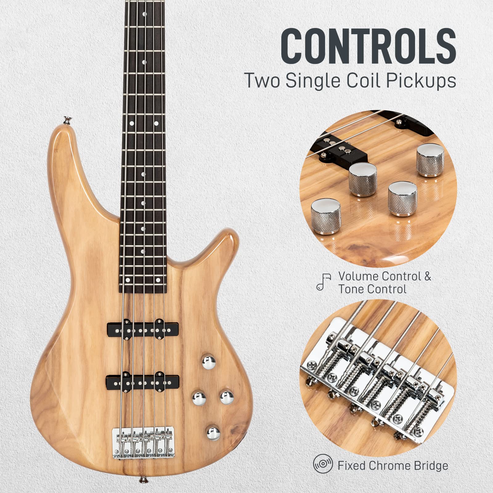 Ktaxon 5 String Electric Bass Guitar, Full Size Standard Right Handed Rosewood Fretboard Bass Kit with Gig Bag Strap Cable Wrenc