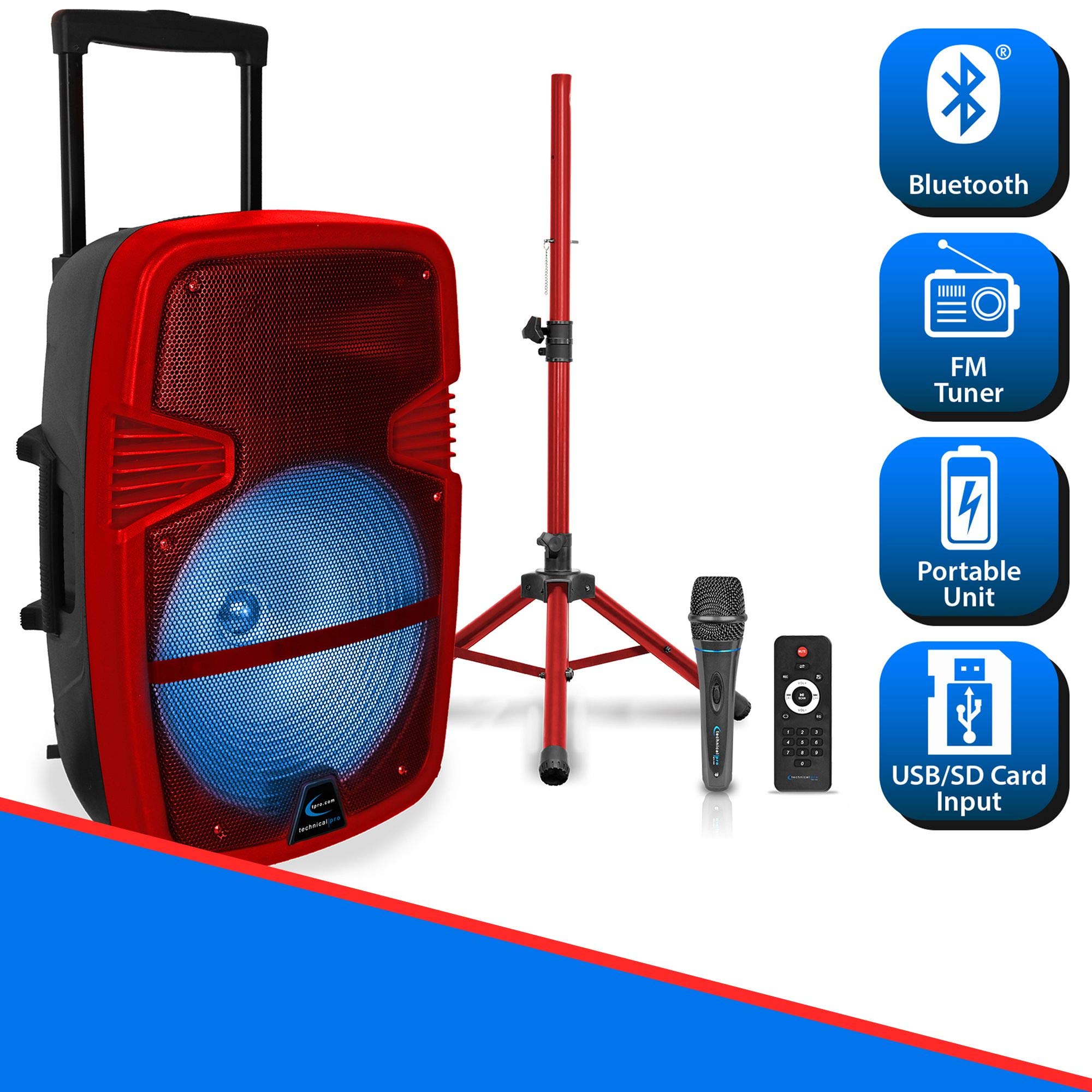 Technical Pro 15'' Portable Rechargeable Battery Powered 3000 Watts Pro DJ Bluetooth LED Loudspeaker Package with Tripod Stand,