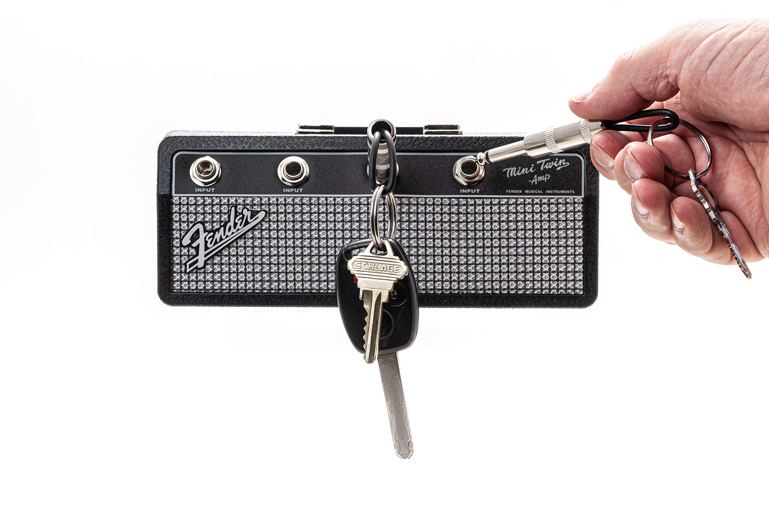 P Pluginz Licensed Fender Jack Rack- Wall mounting Guitar amp Key Holder, Includes 4 Guitar Plug Keychains and 1 Wall mounting k