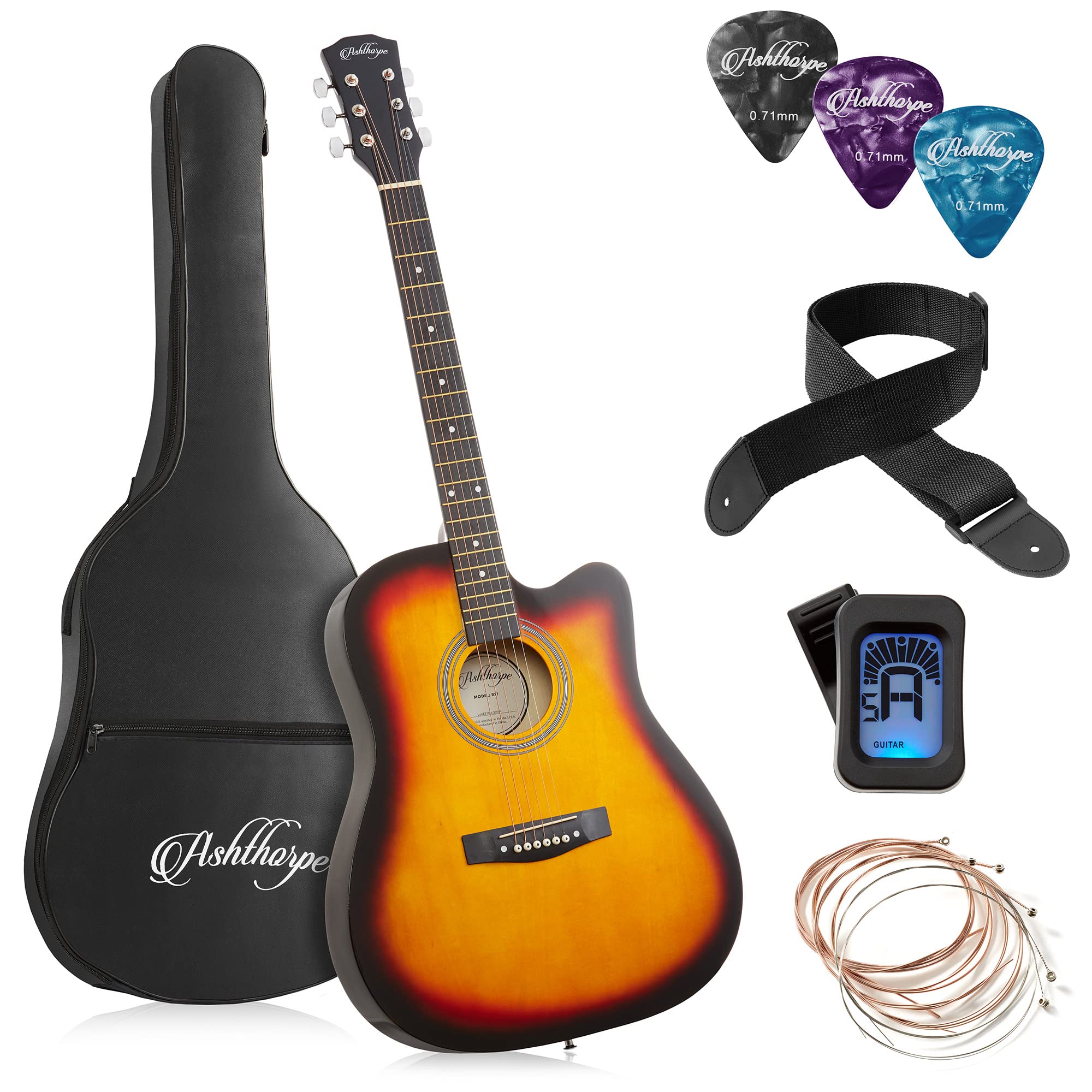 Ashthorpe 41-inch Beginner Cutaway Acoustic Guitar Package (Sunburst), Full Size Basic Starter Kit w/Gig Bag, Strings, Strap, Tu