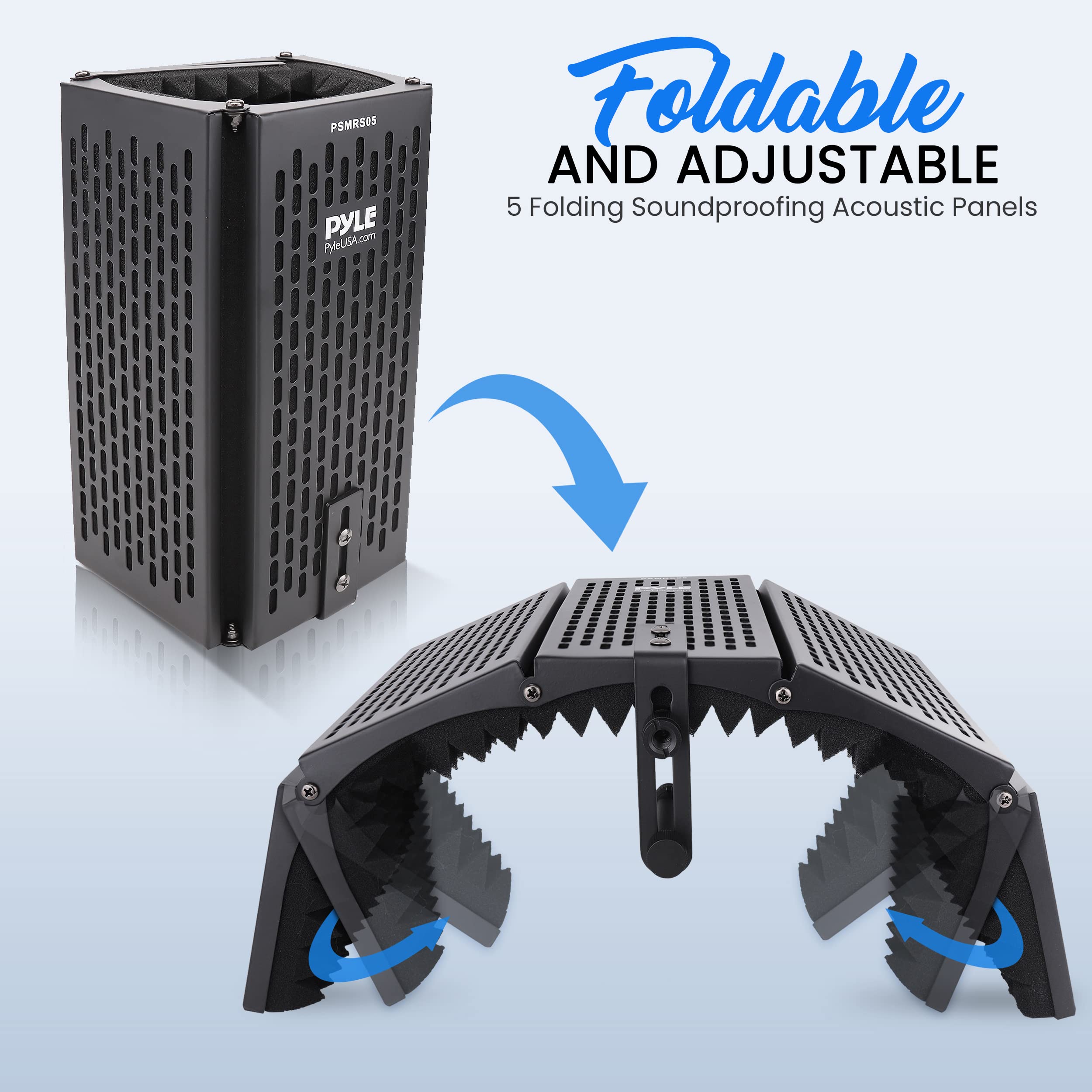 Pyle Studio Microphone Sound Isolation - Enhance Vocals & Singing with 5 Folding Acoustic Panels, Adjustable Depth & Removable S