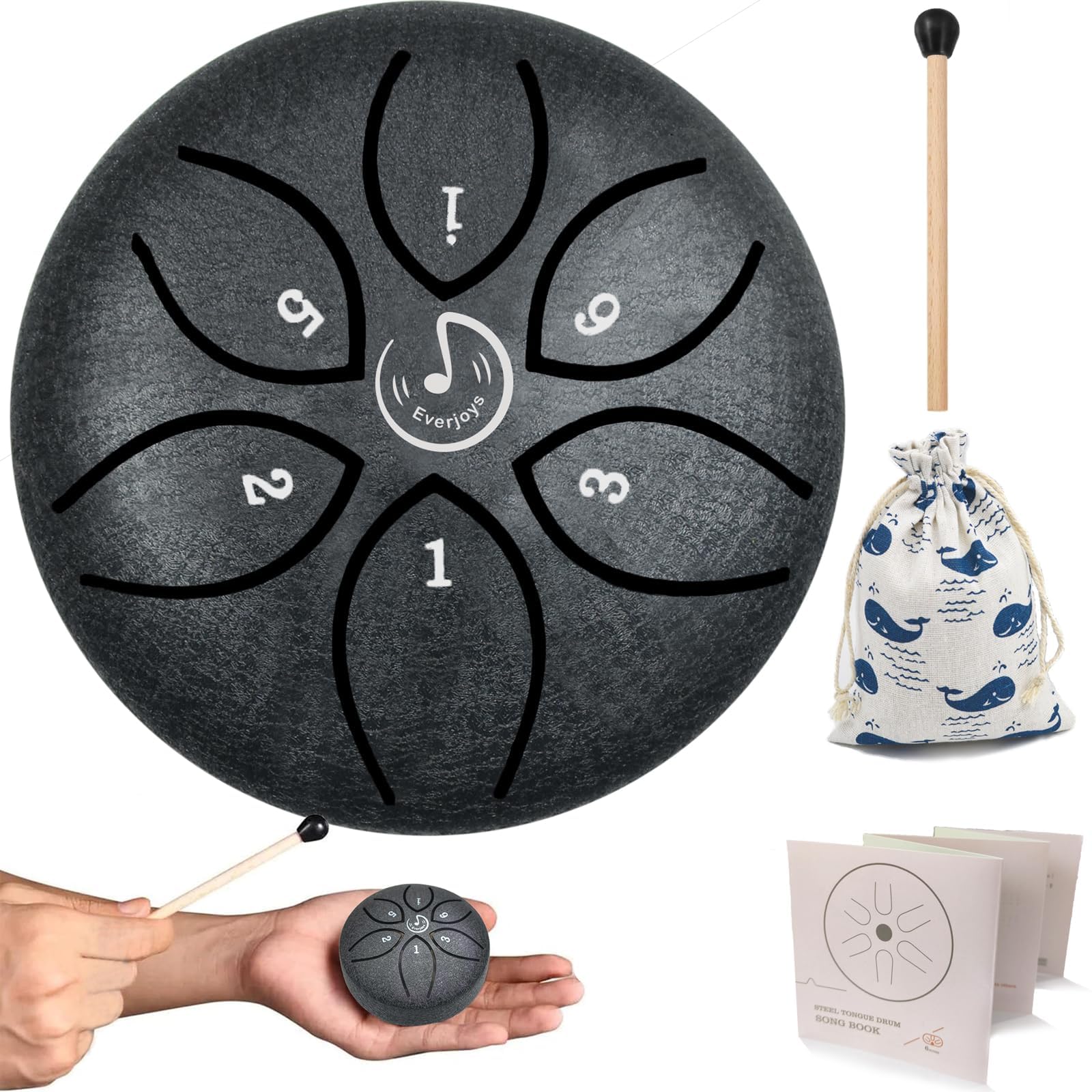 Steel Tongue Drum 3 Inch 6 Notes C-Key Handpan Drum Percussion Instrument Ethereal Drum with Cloth Bag,Music Book and Mallets, M
