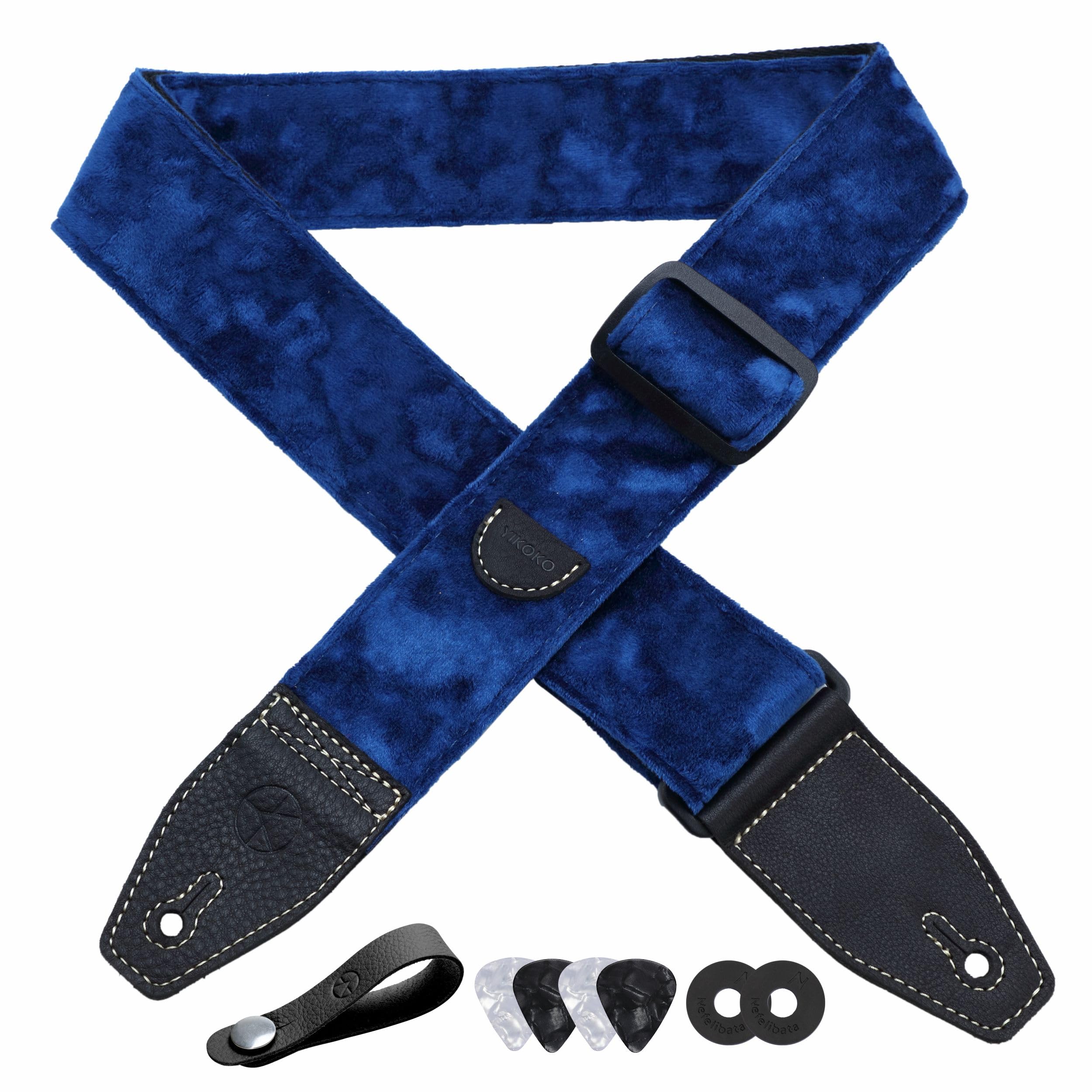 Yikoko Guitar Strap 2 Inch Velvet Guitar Straps With Full Grain Leather End, For Bass Electric And Acoustic Guitars, Free Strap