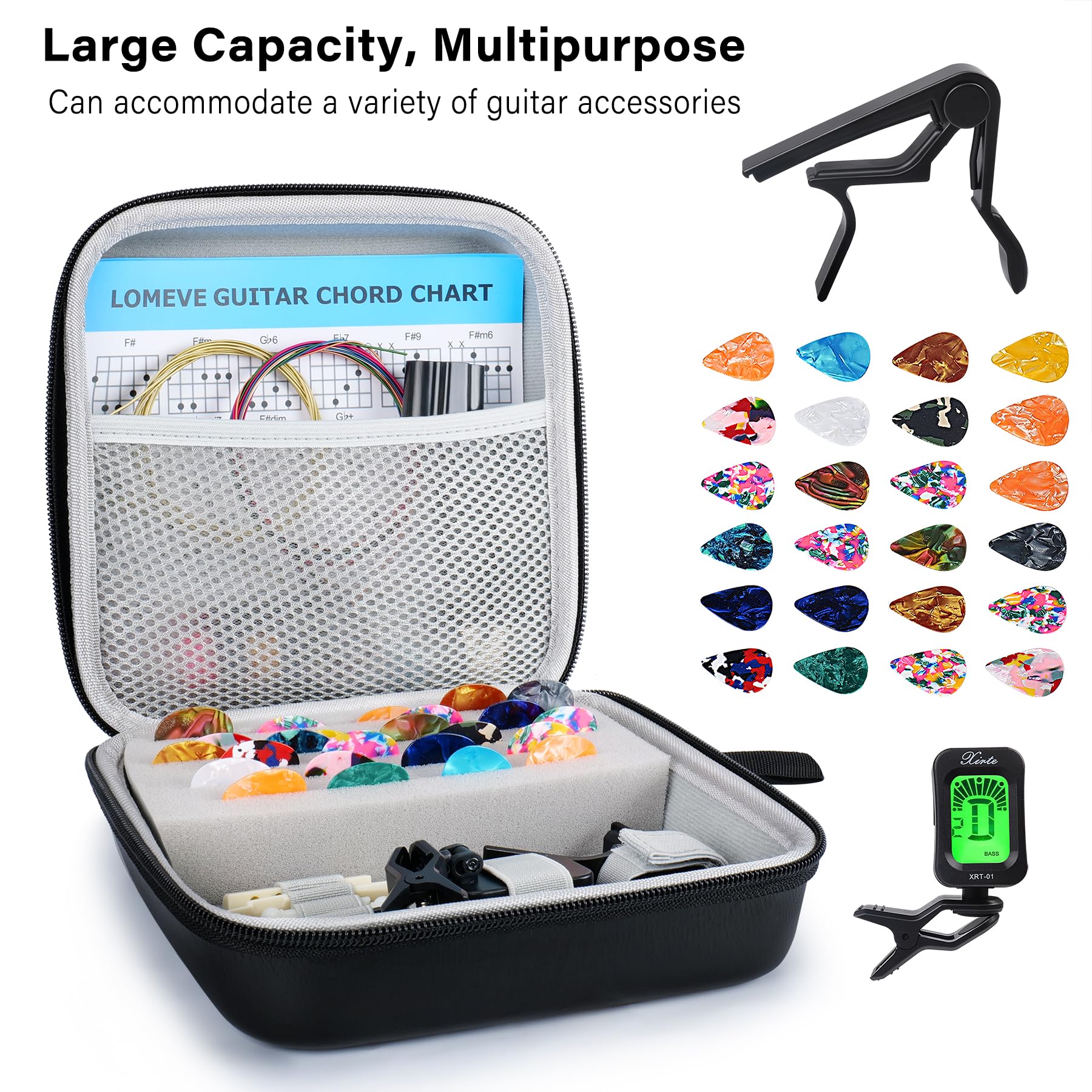 LOMEVE 85PCS Guitar Accessories Kit Holder Case Include Acoustic Strings, Tuner, Capo, 3-in-1 Restring Tool, Picks, Pick Holder,