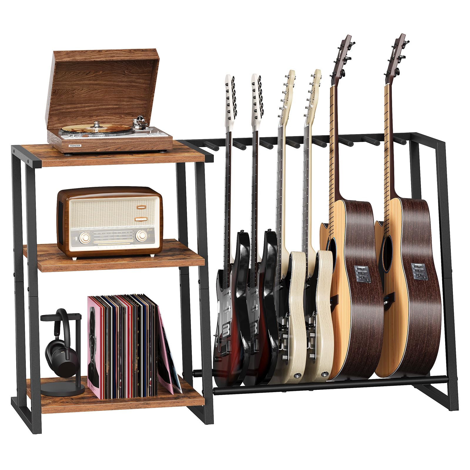 HOOBRO Guitar Stand, 3-Tier Guitar Rack with Adjustable Shelf for Record Player, Multi-Function Guitar Stand, Suitable for Acous