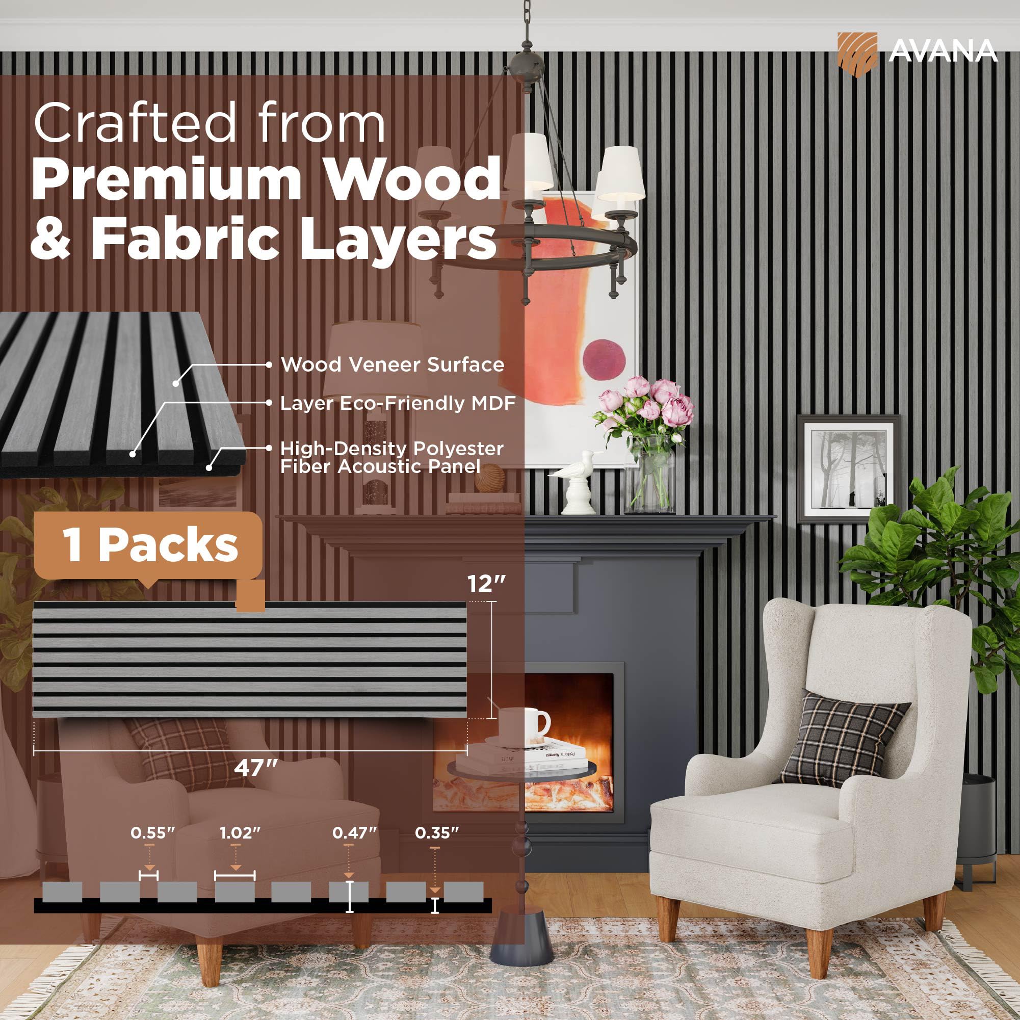 Avana Modern Acoustic Wood Wall Panels - 47.2 X 12.6 Inch Gray Oak Acoustic Panels 1 PC - Wall Panels for Interior Wall Decor Fo