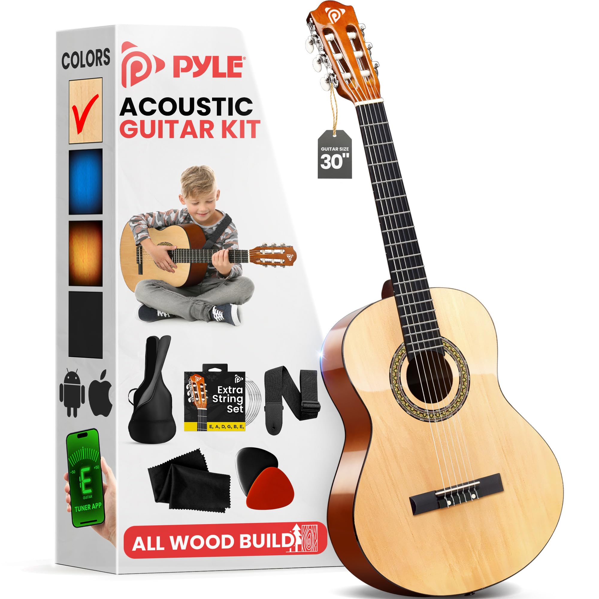 Pyle Beginner Acoustic Guitar Kit, 1/4 Junior Size All Wood Instrument For Kids, Adults, 30'' Natural Ash